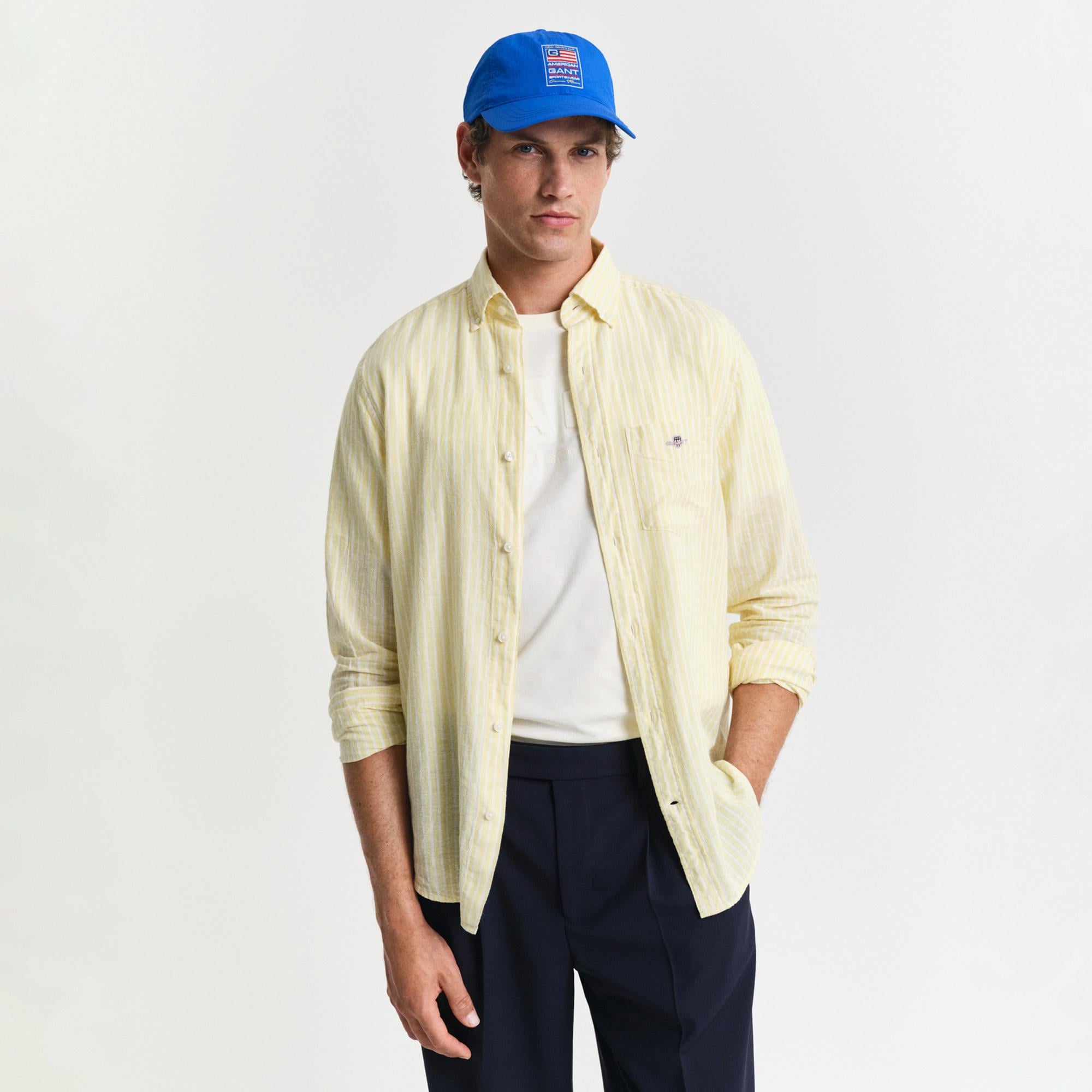 GANT Erkek Sarı Regular Fit Düğmeli Yaka Çizgili Keten Gömlek