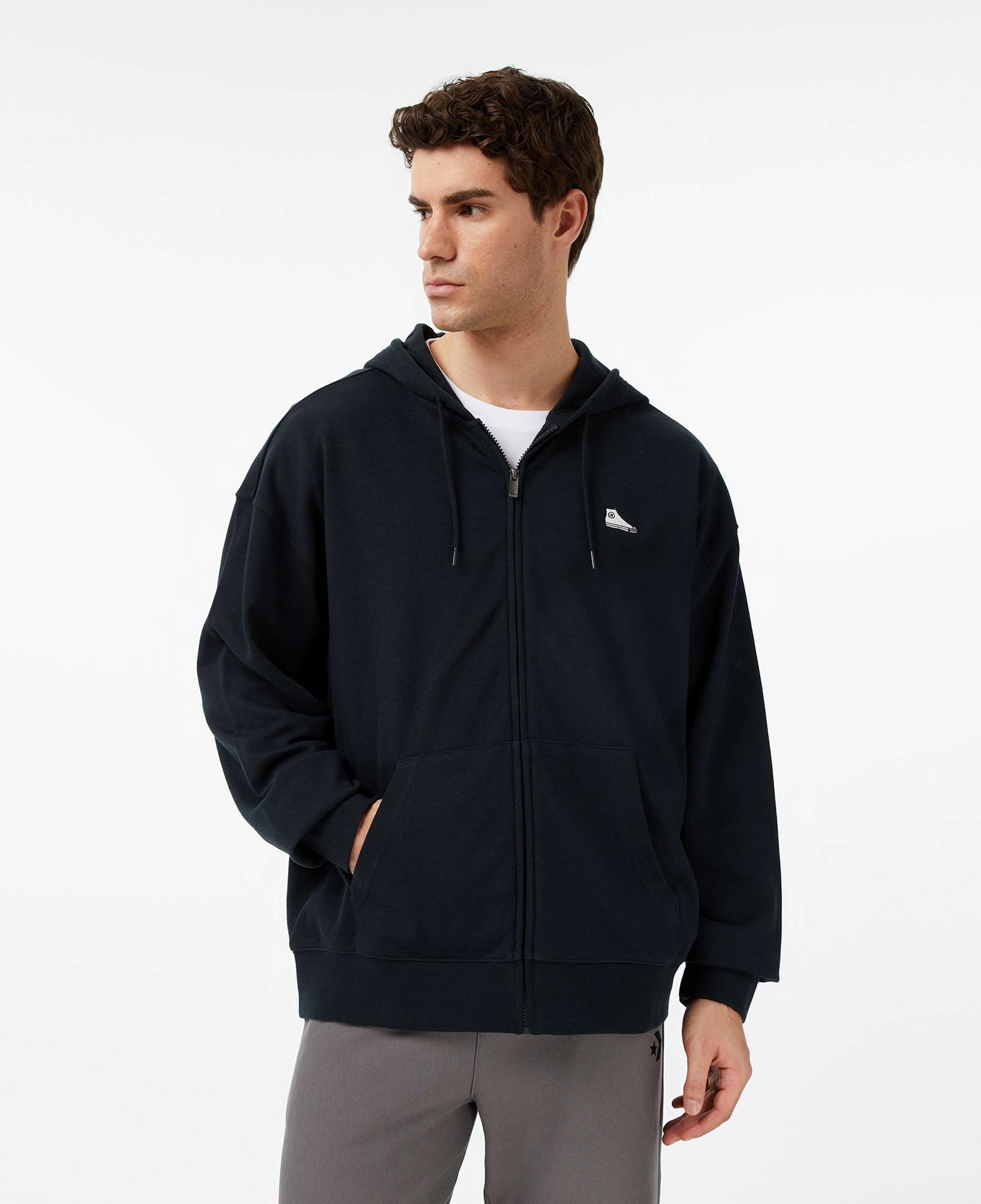 Converse Loose Fit Sneaker Patch Full Zip Erkek Siyah Sweatshirt