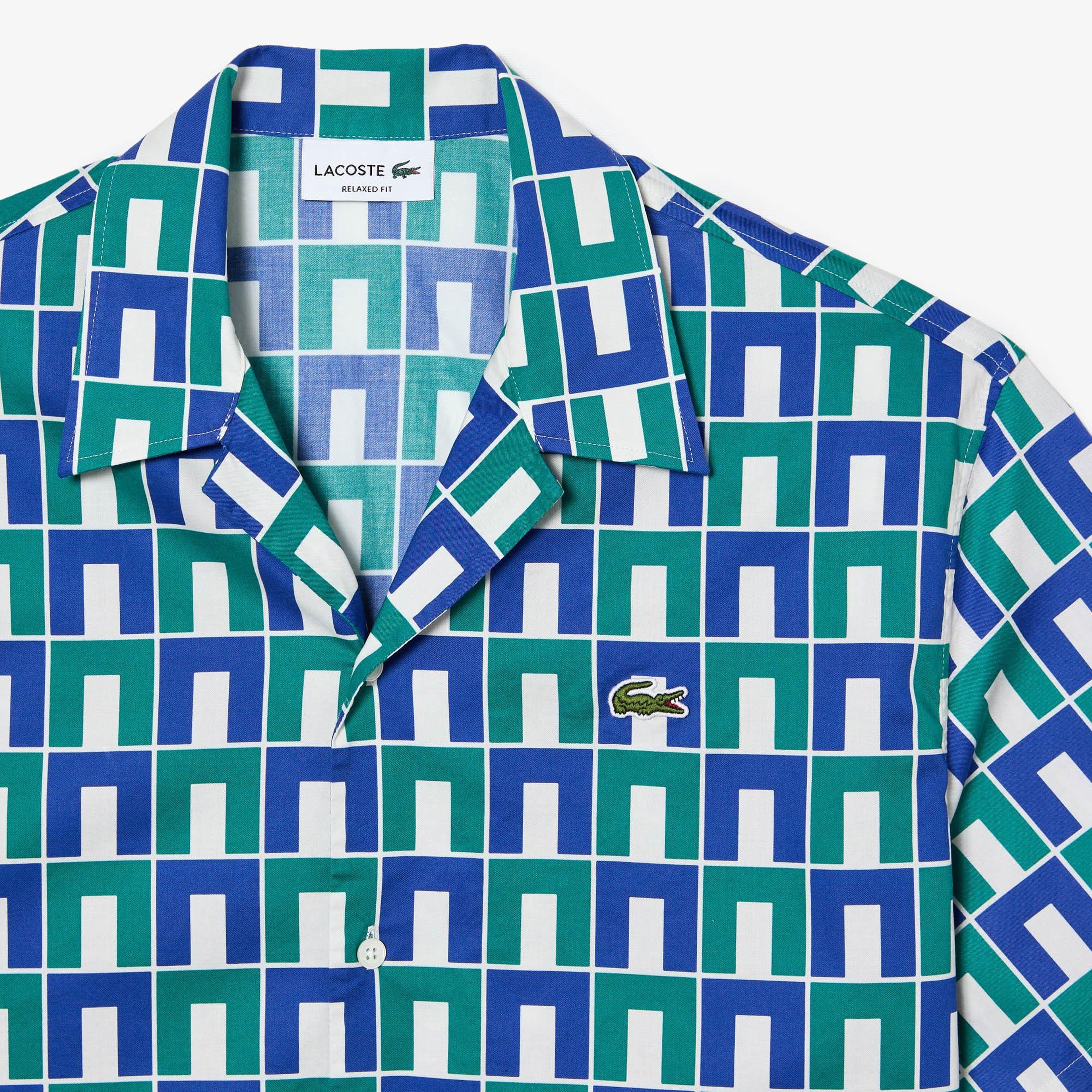 Erkek Relaxed Fit Kısa Kollu Monogram Yeşil Gömlek