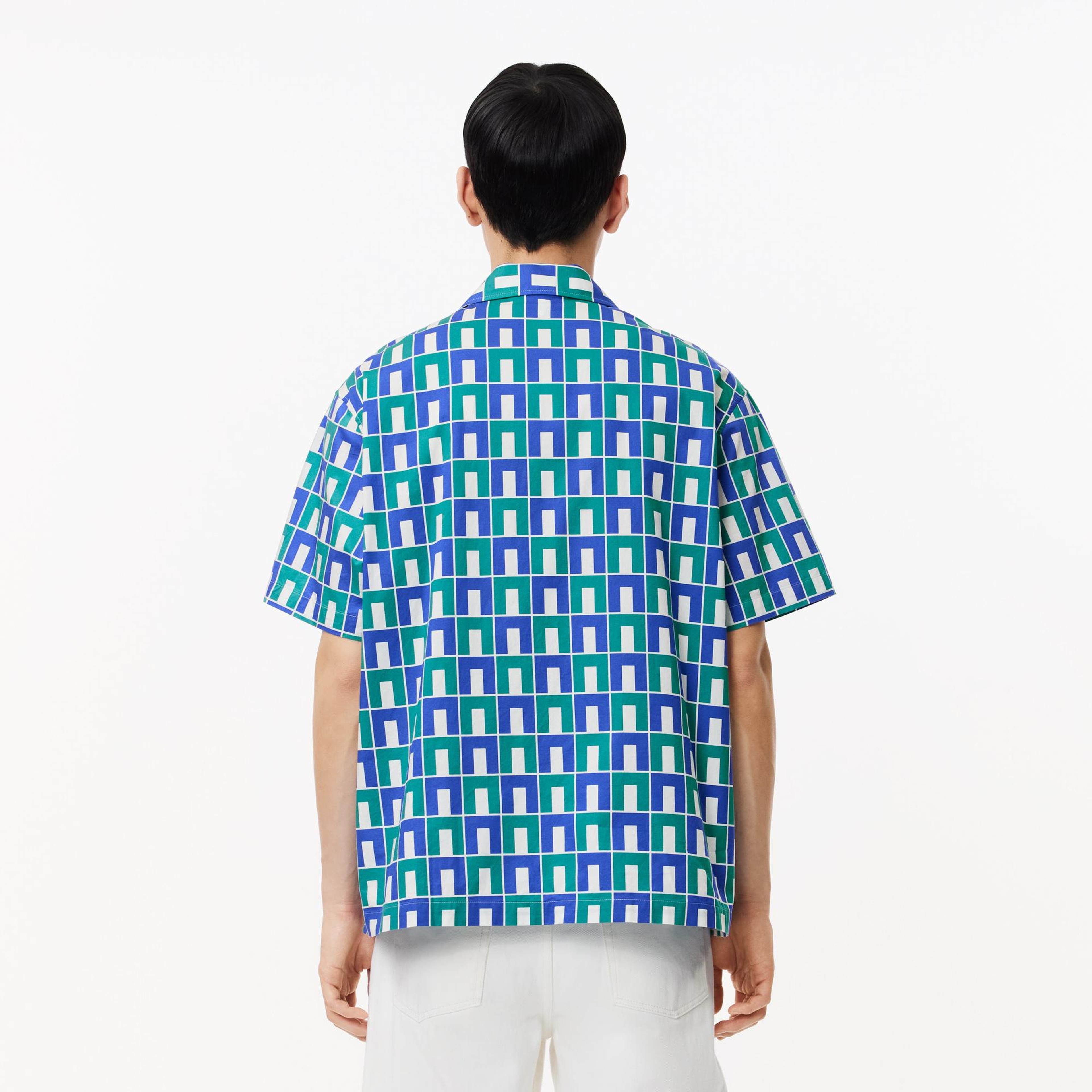 Erkek Relaxed Fit Kısa Kollu Monogram Yeşil Gömlek