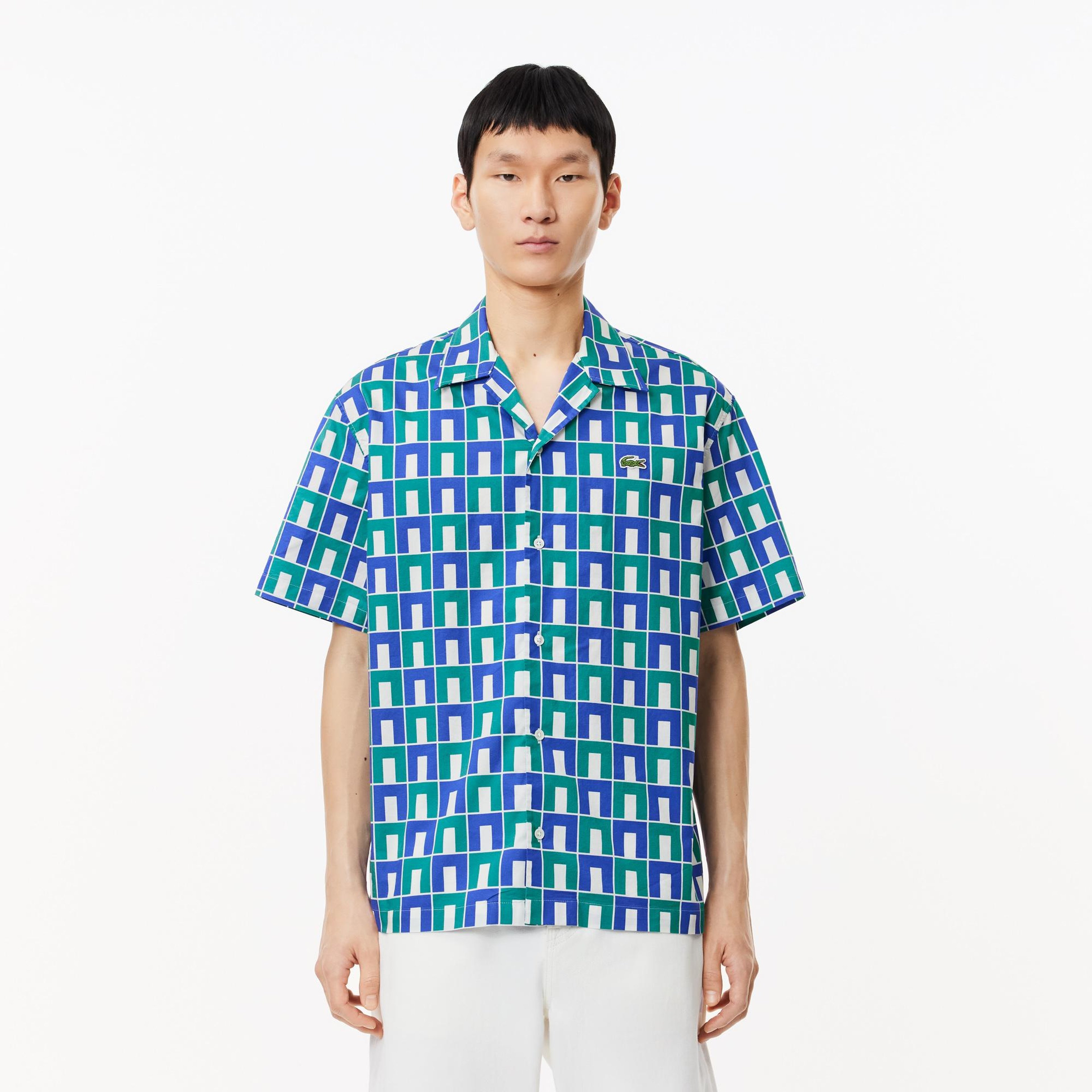 Erkek Relaxed Fit Kısa Kollu Monogram Yeşil Gömlek