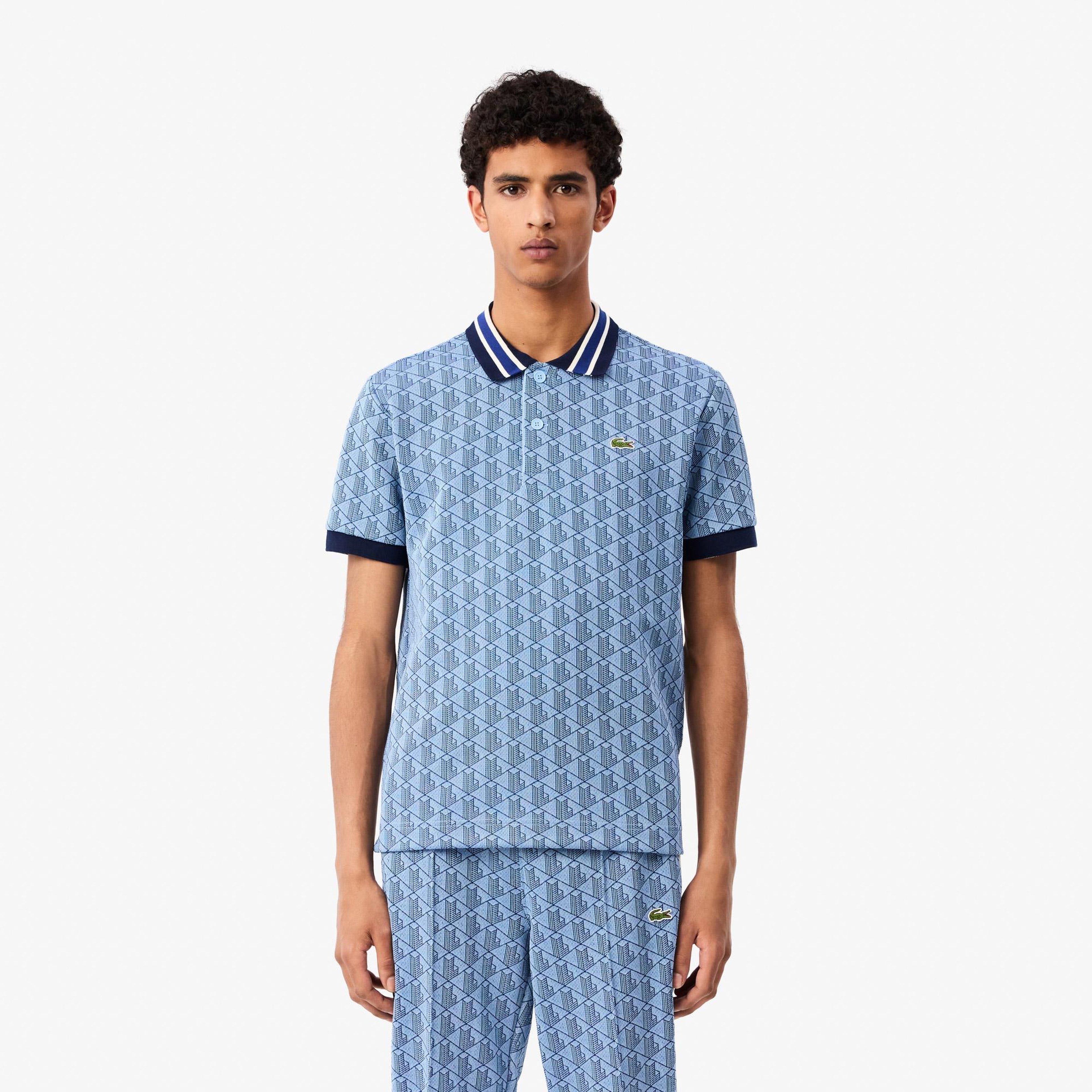 Lacoste Classic Fit Contrast Collar Monogram Erkek Mavi Polo