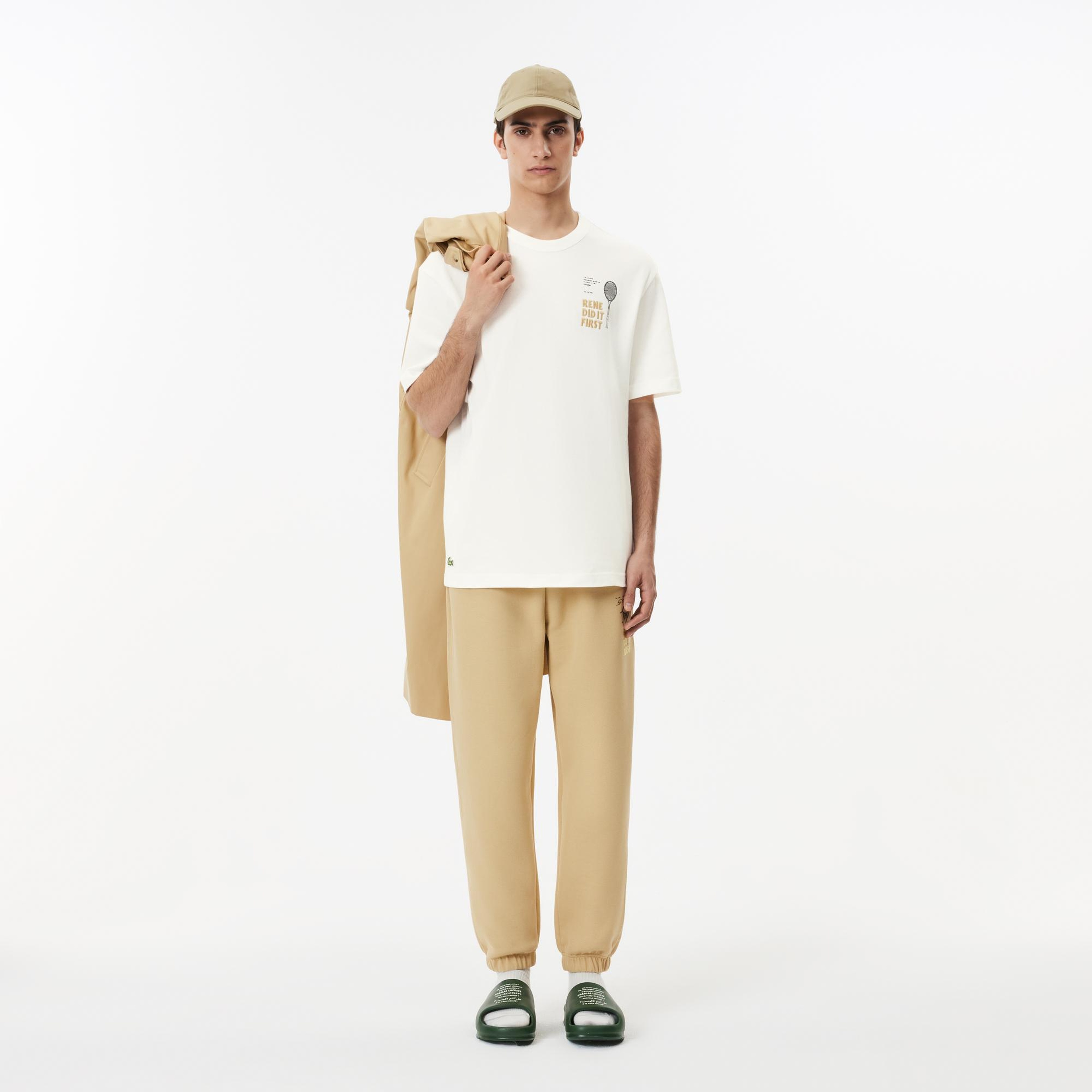 Unisex Classic Fit Bisiklet Yaka Baskılı Bej T-Shirt