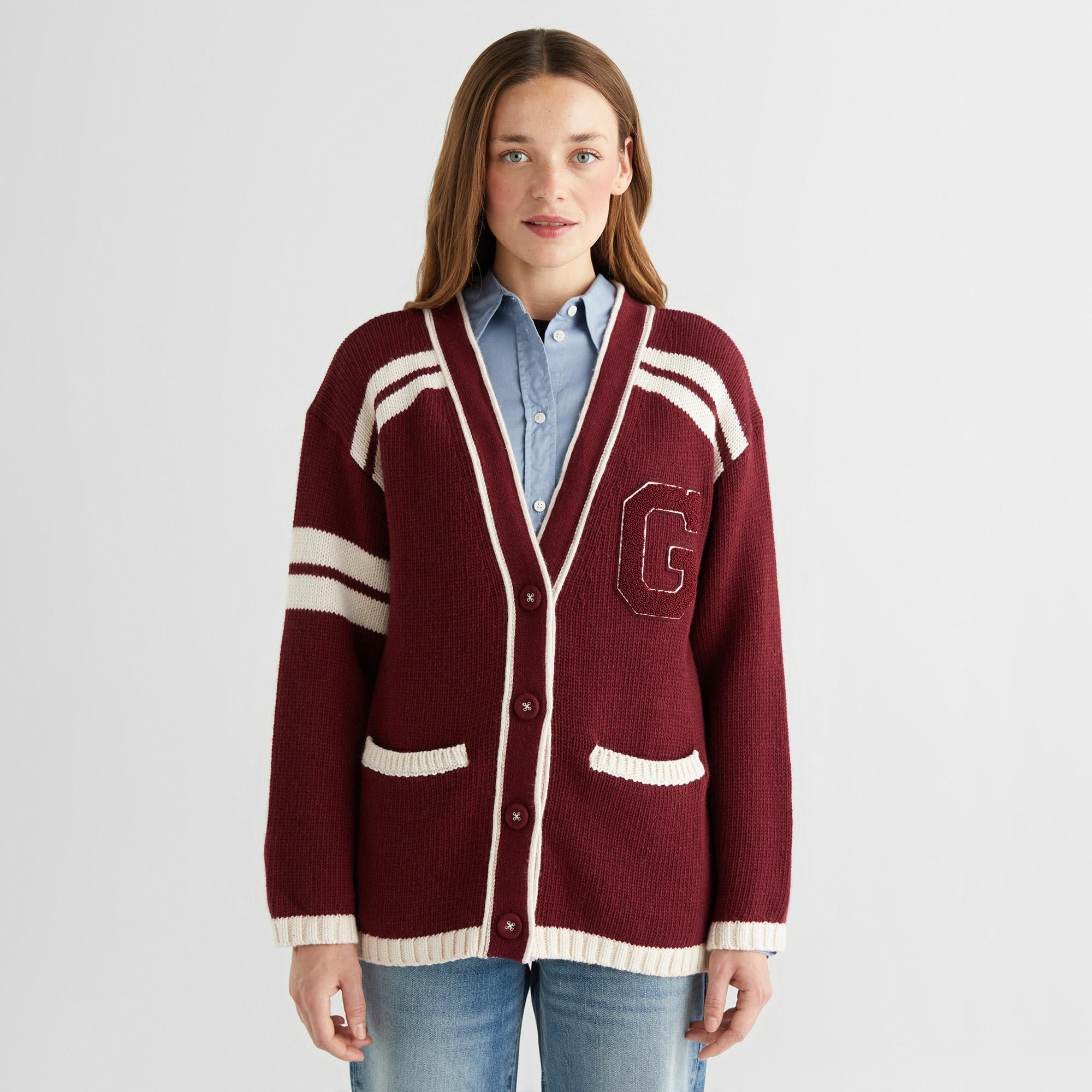 GANT Kadın Bordo Oversize Fit V Yaka Logolu Yün Karışımlı Hırka