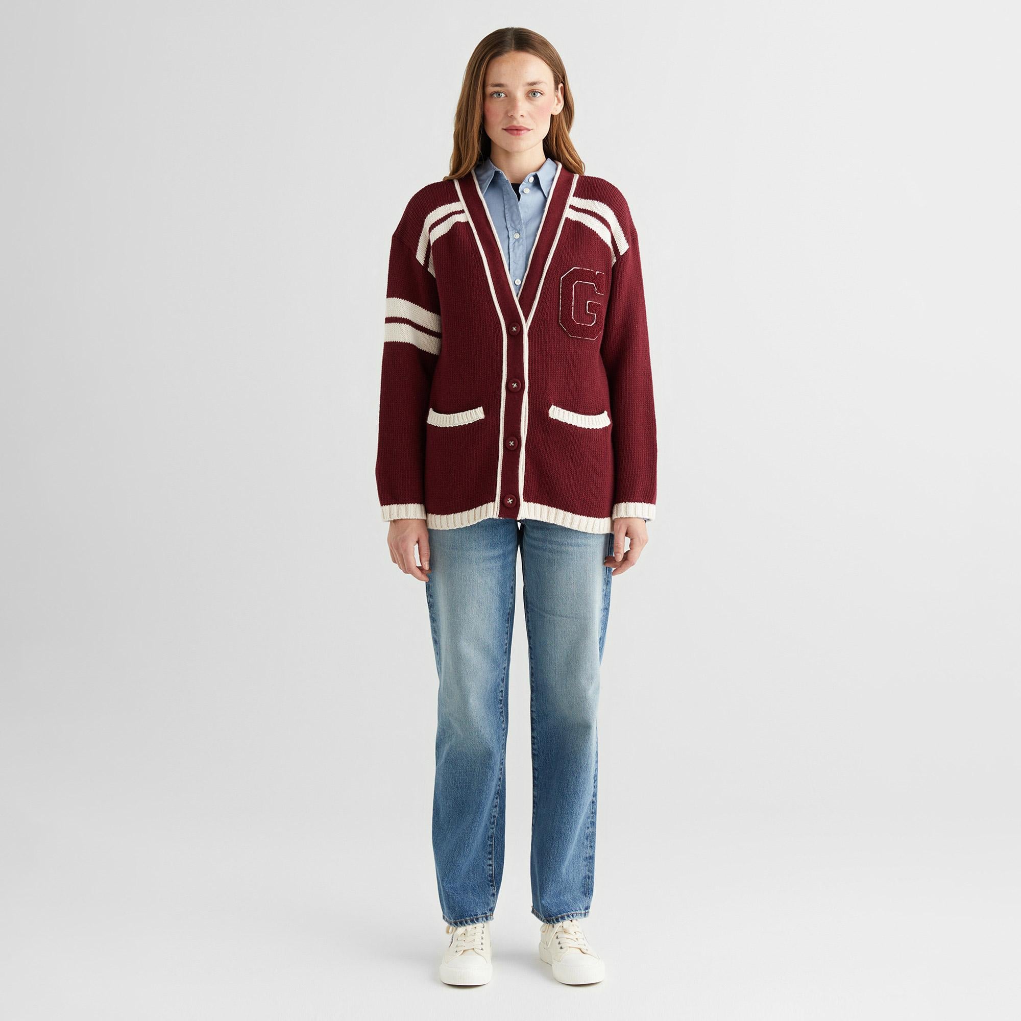 GANT Kadın Bordo Oversize Fit V Yaka Logolu Yün Karışımlı Hırka