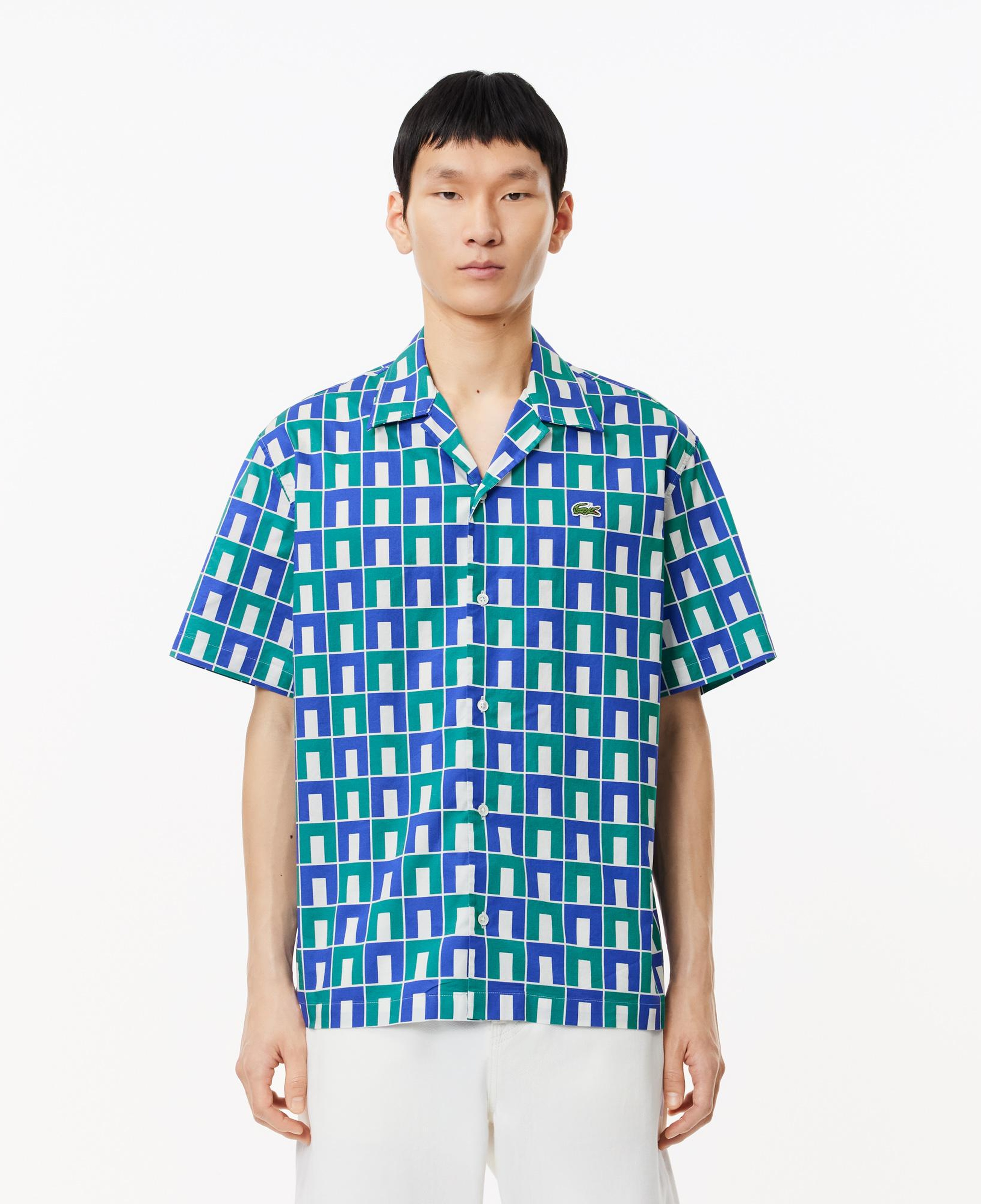 Erkek Relaxed Fit Kısa Kollu Monogram Yeşil Gömlek