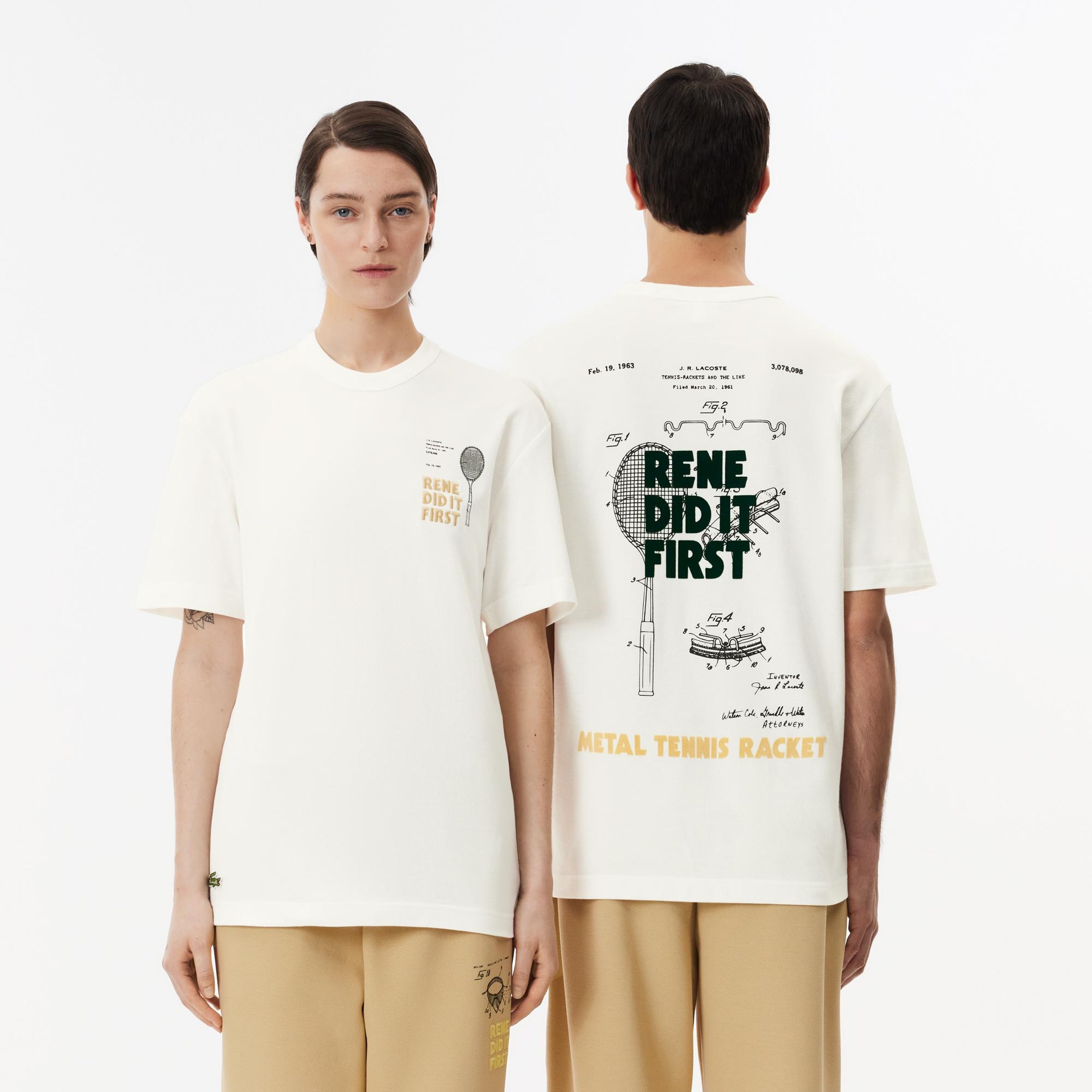 Unisex Classic Fit Bisiklet Yaka Baskılı Bej T-Shirt