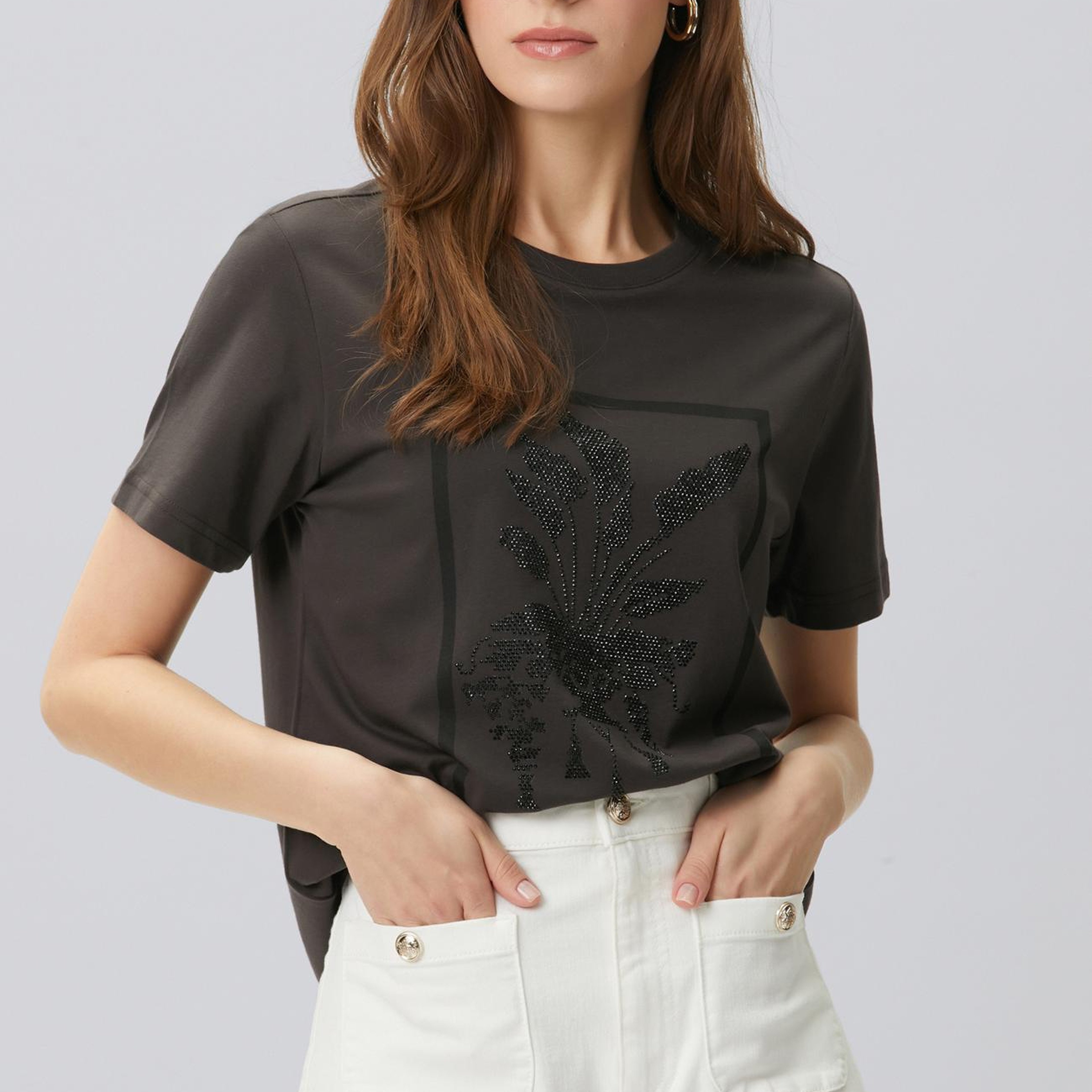Network Kadın Kahverengi Royal Desen Taş Baskılı T-shirt