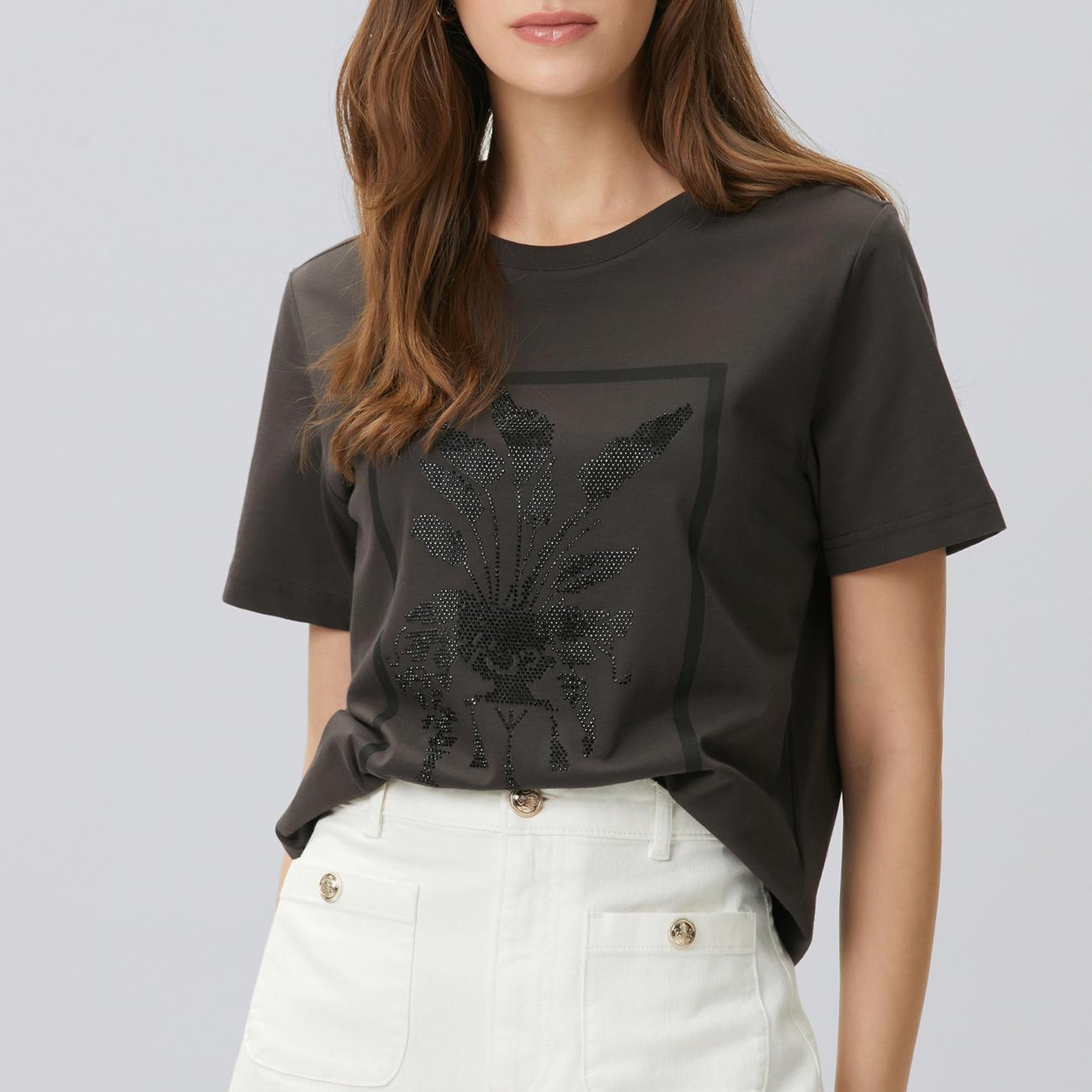 Network Kadın Kahverengi Royal Desen Taş Baskılı T-shirt