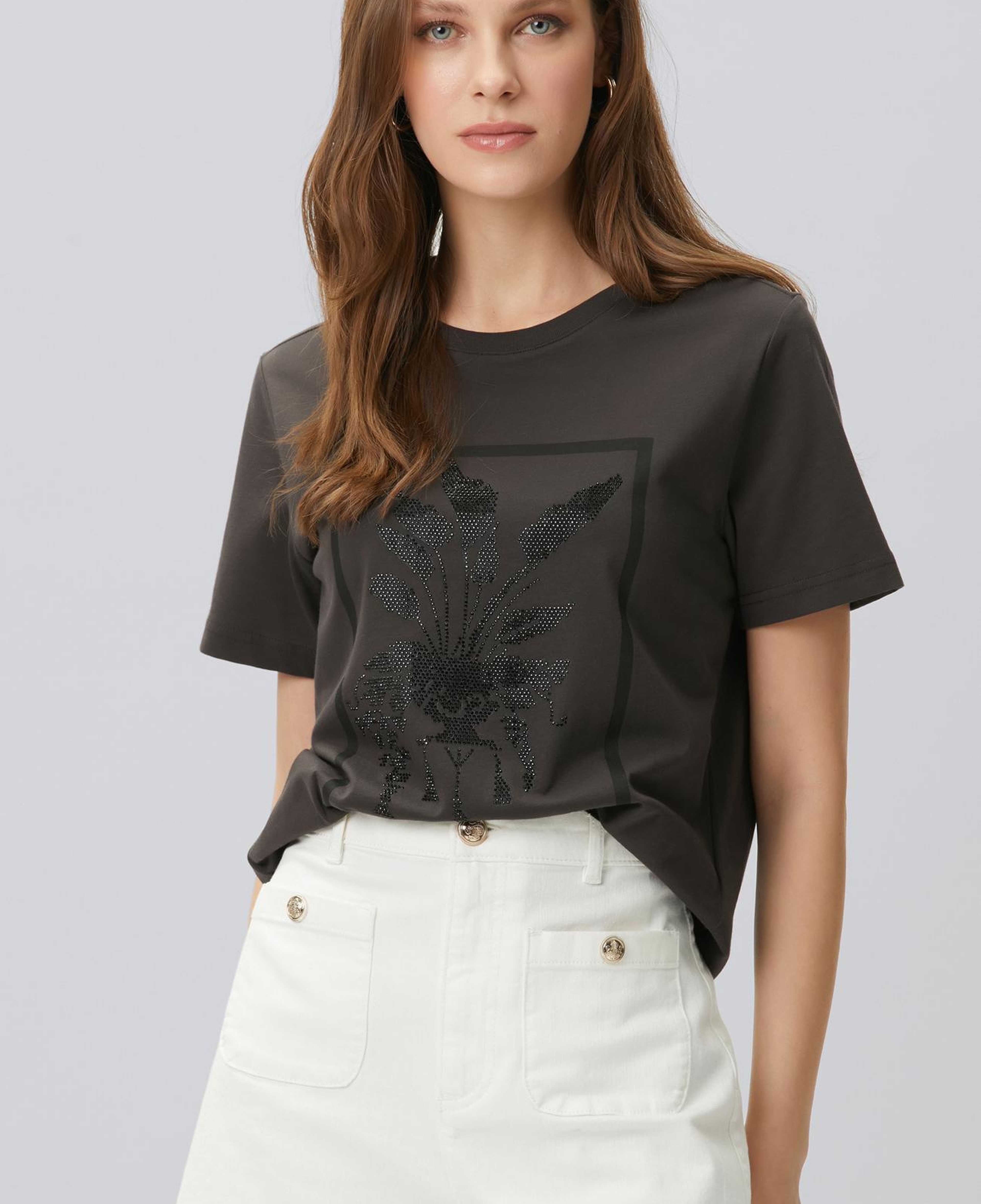 Network Kadın Kahverengi Royal Desen Taş Baskılı T-shirt