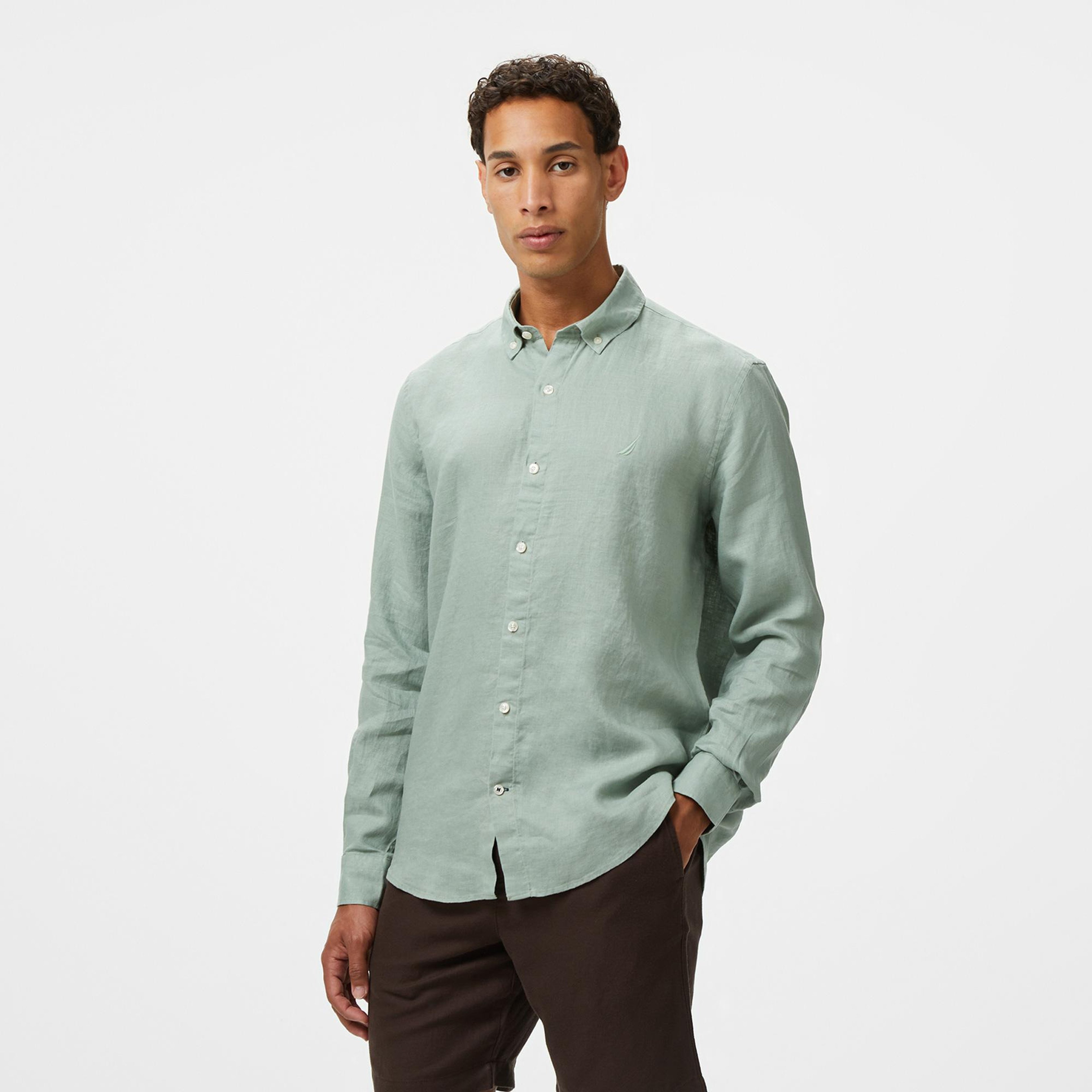 Nautica Erkek Yeşil Classic Fit Keten Gömlek