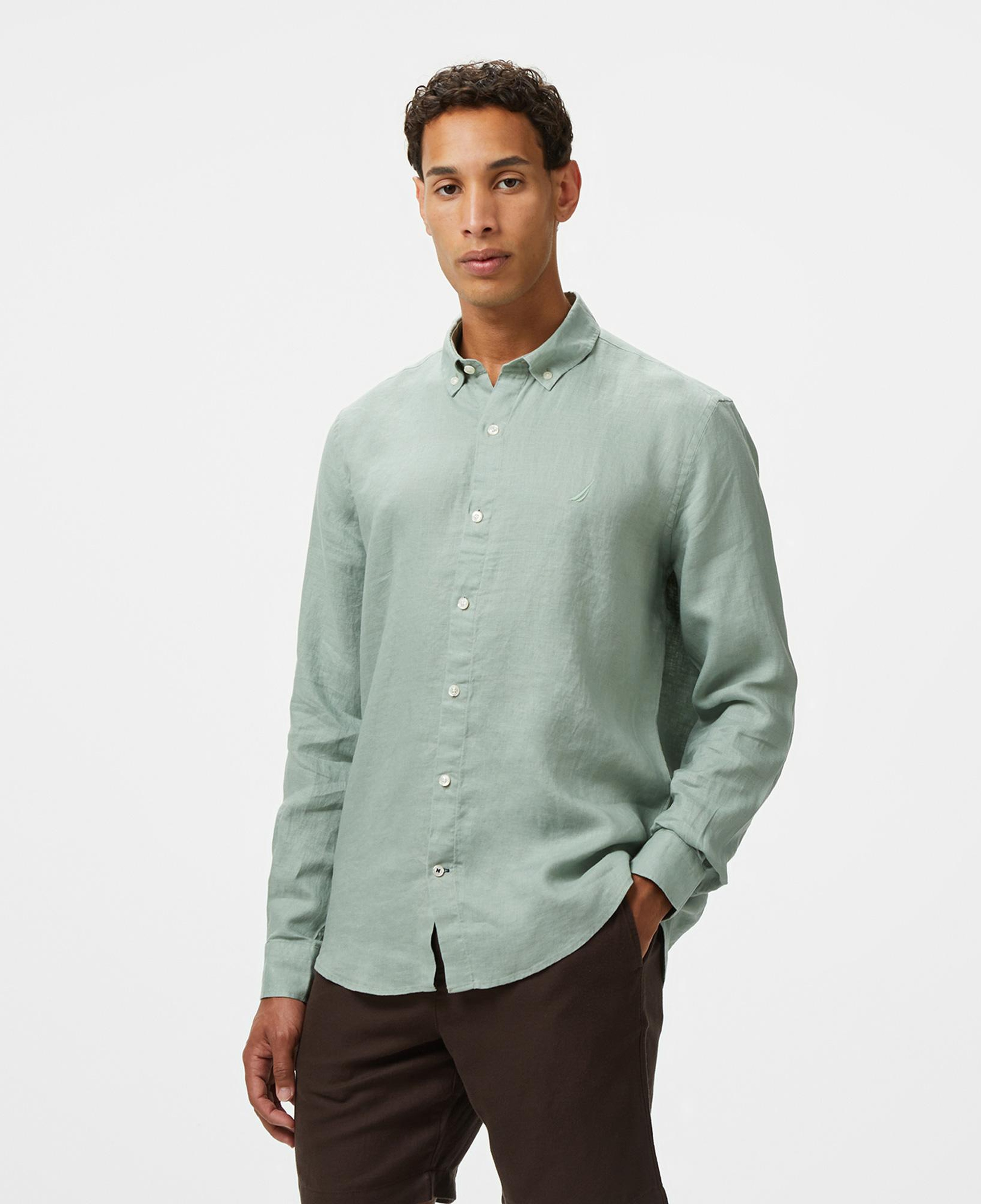 Nautica Erkek Yeşil Classic Fit Keten Gömlek