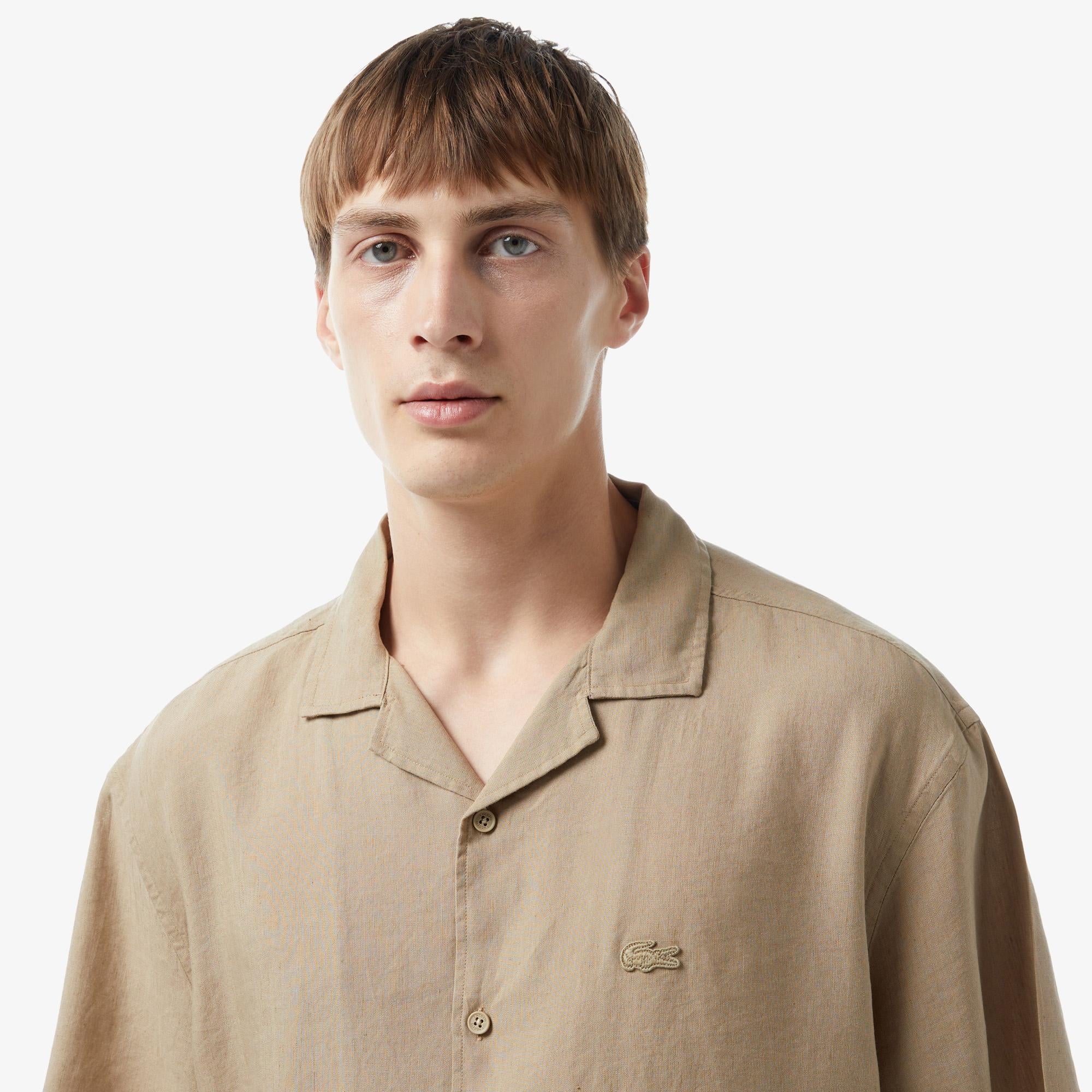 Erkek Relaxed Fit Bej Keten Karışımlı Gömlek