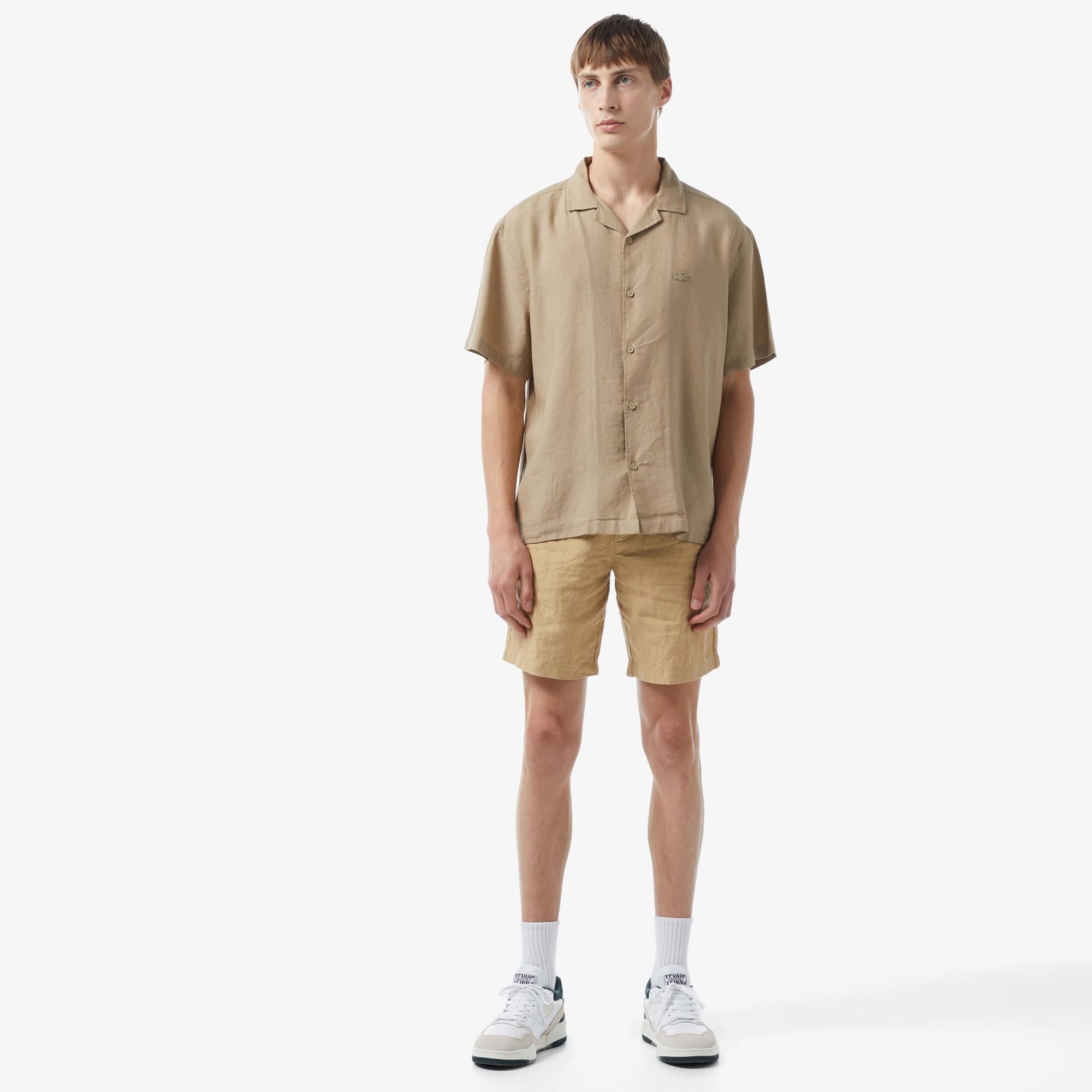 Erkek Relaxed Fit Bej Keten Karışımlı Gömlek