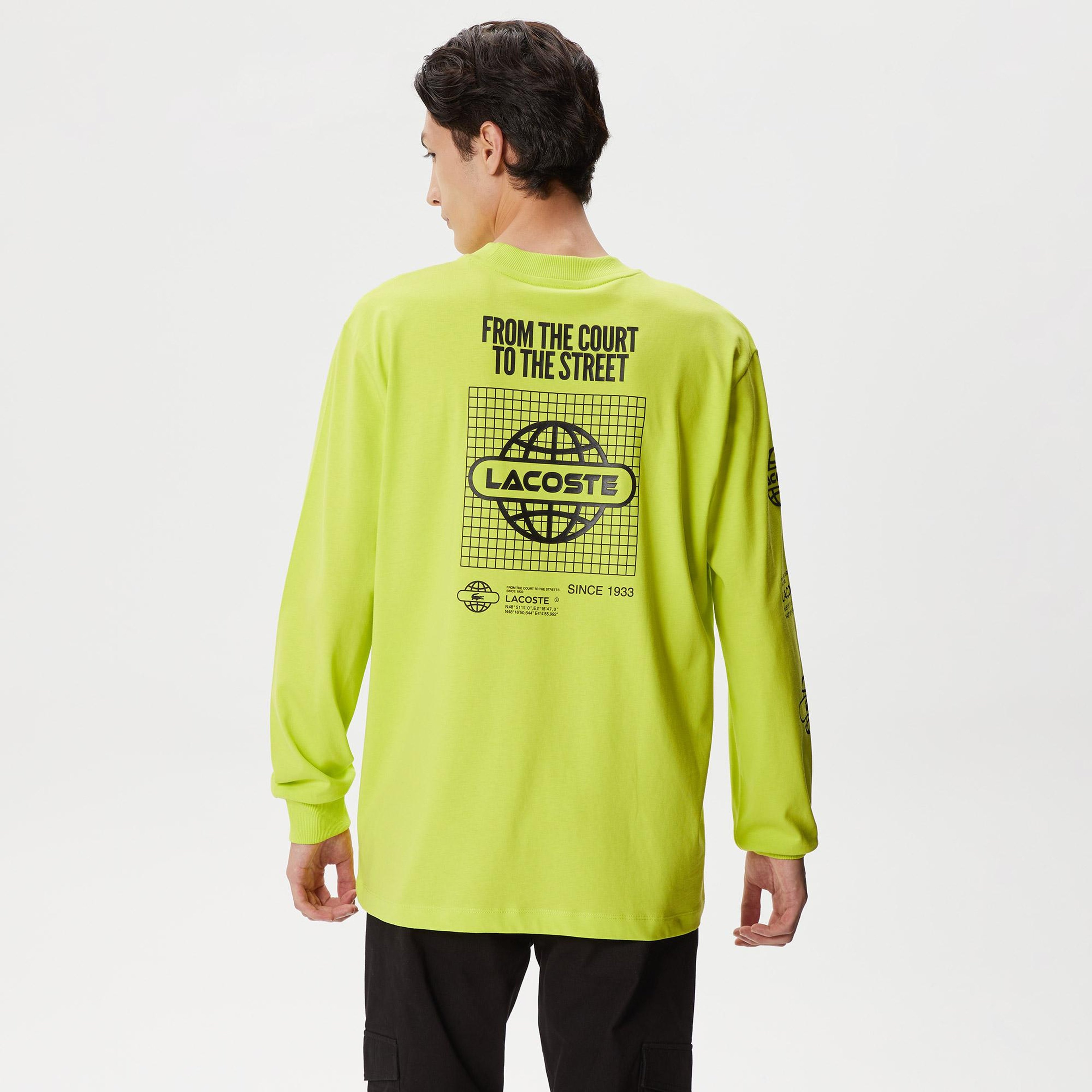 Erkek Relaxed Fit Uzun Kollu Bisiklet Yaka Baskılı Sarı T-Shirt