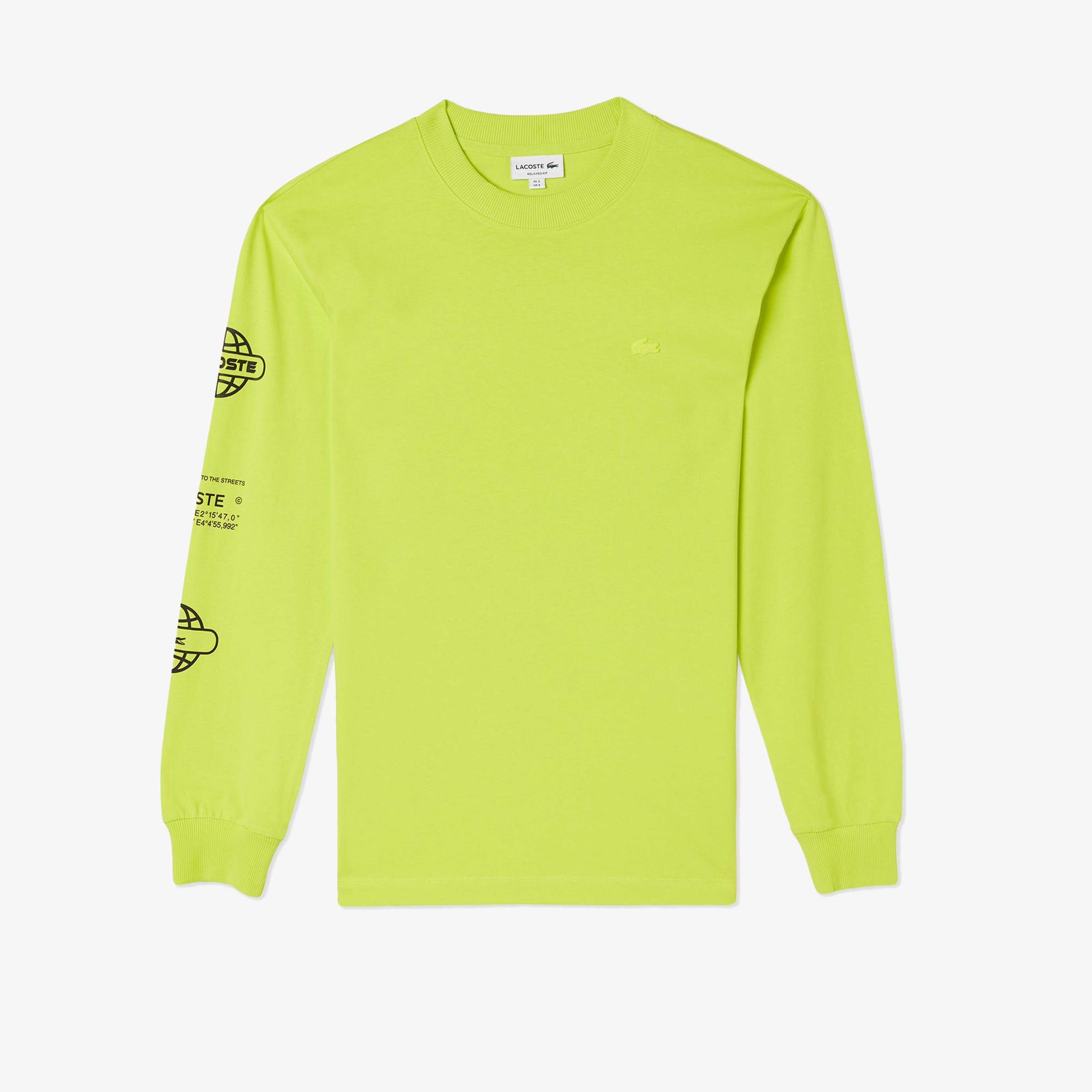 Erkek Relaxed Fit Uzun Kollu Bisiklet Yaka Baskılı Sarı T-Shirt