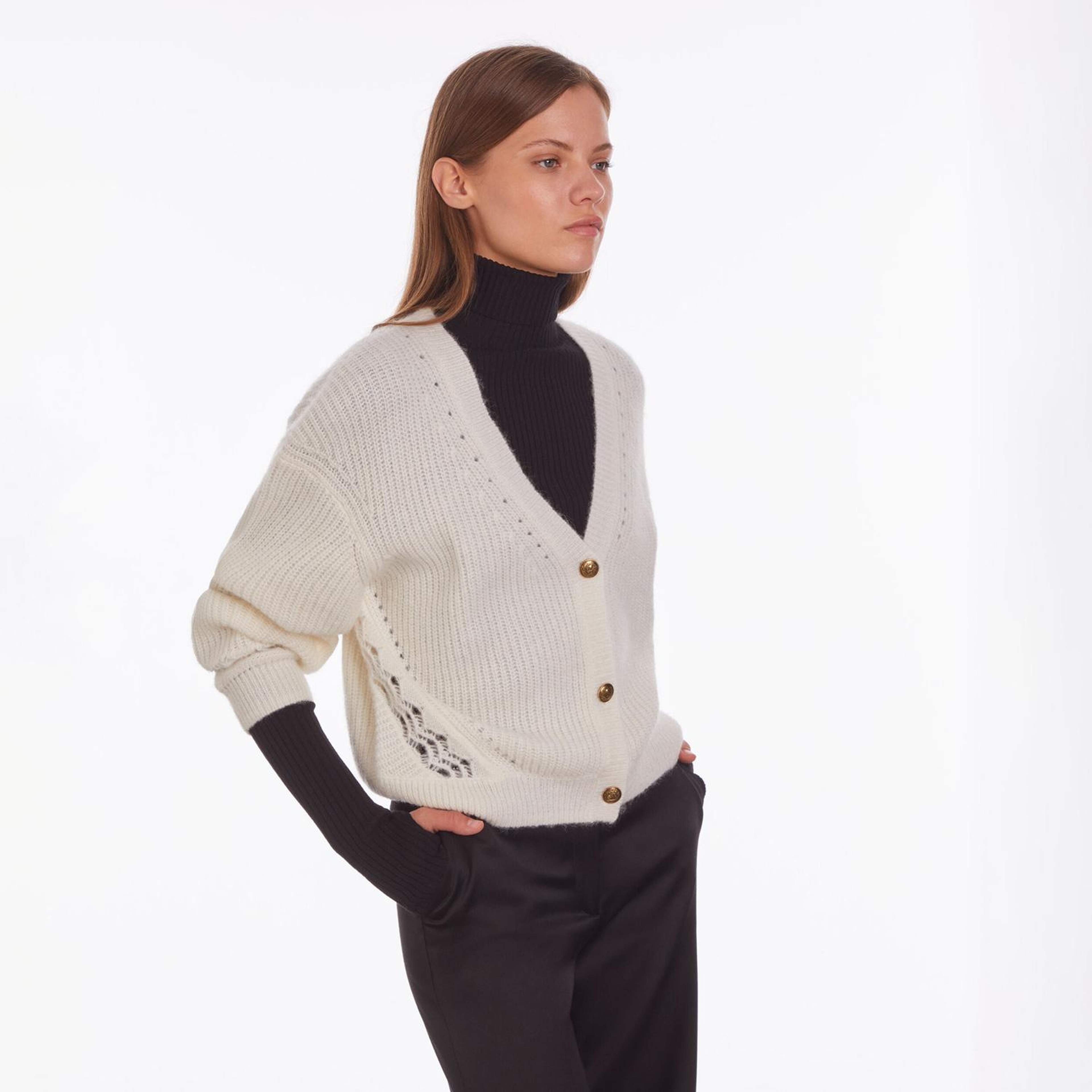 KADIN COMFORT FIT V YAKA BEJ Yün Karışımlı Hırka