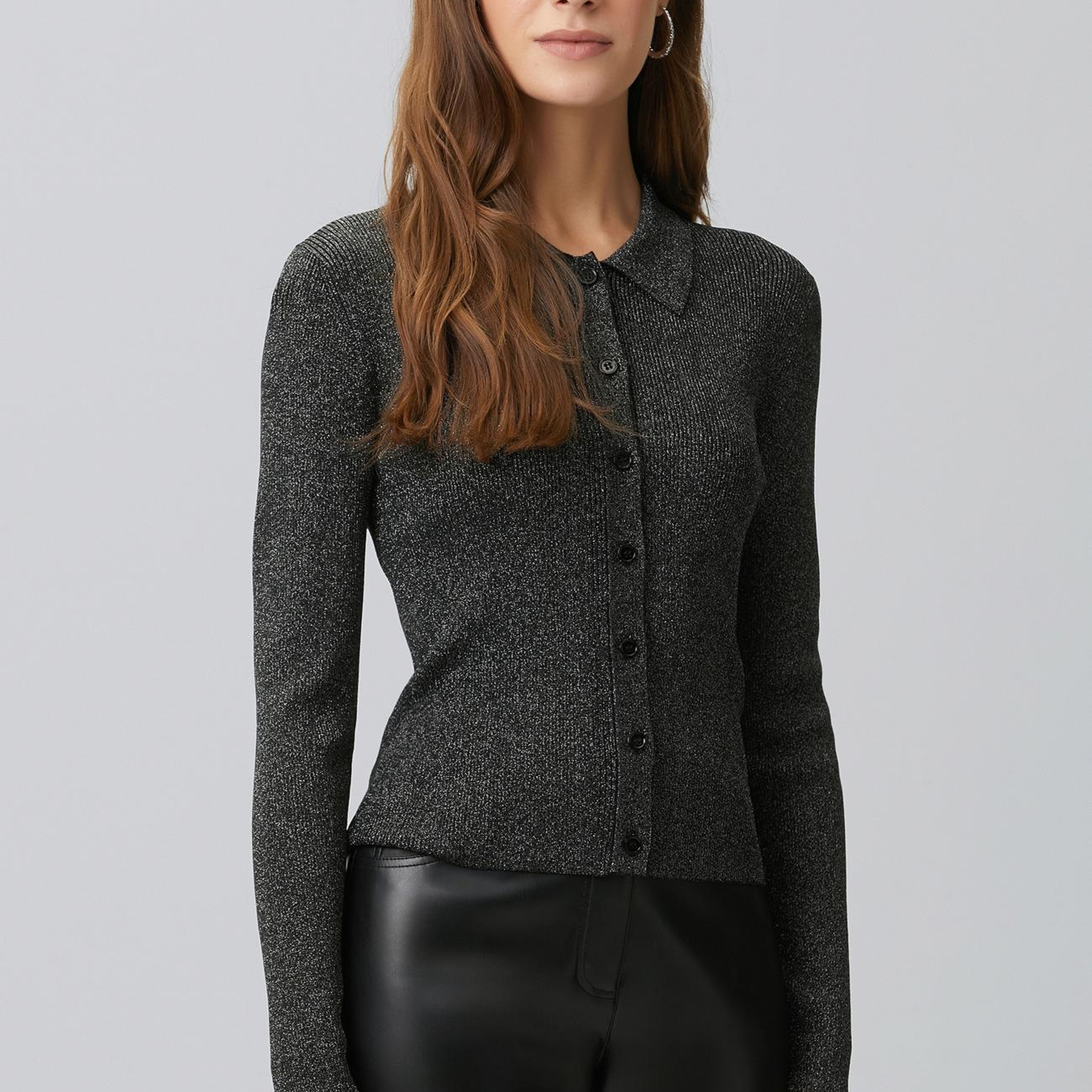 Network Kadın Siyah Simli Düğmeli Triko Kazak