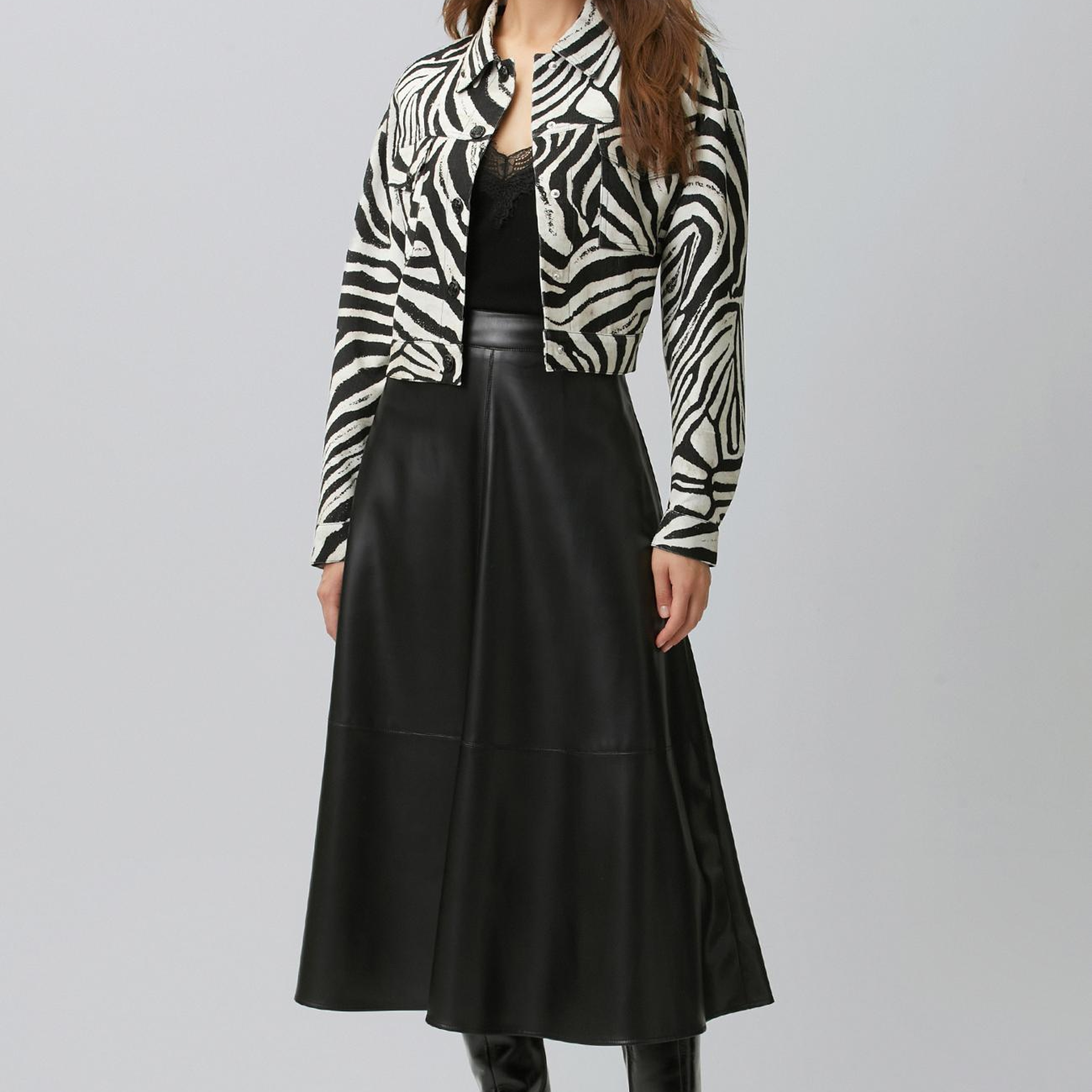 Network Kadın Siyah Kırık Beyaz Animal Print Desenli Mont