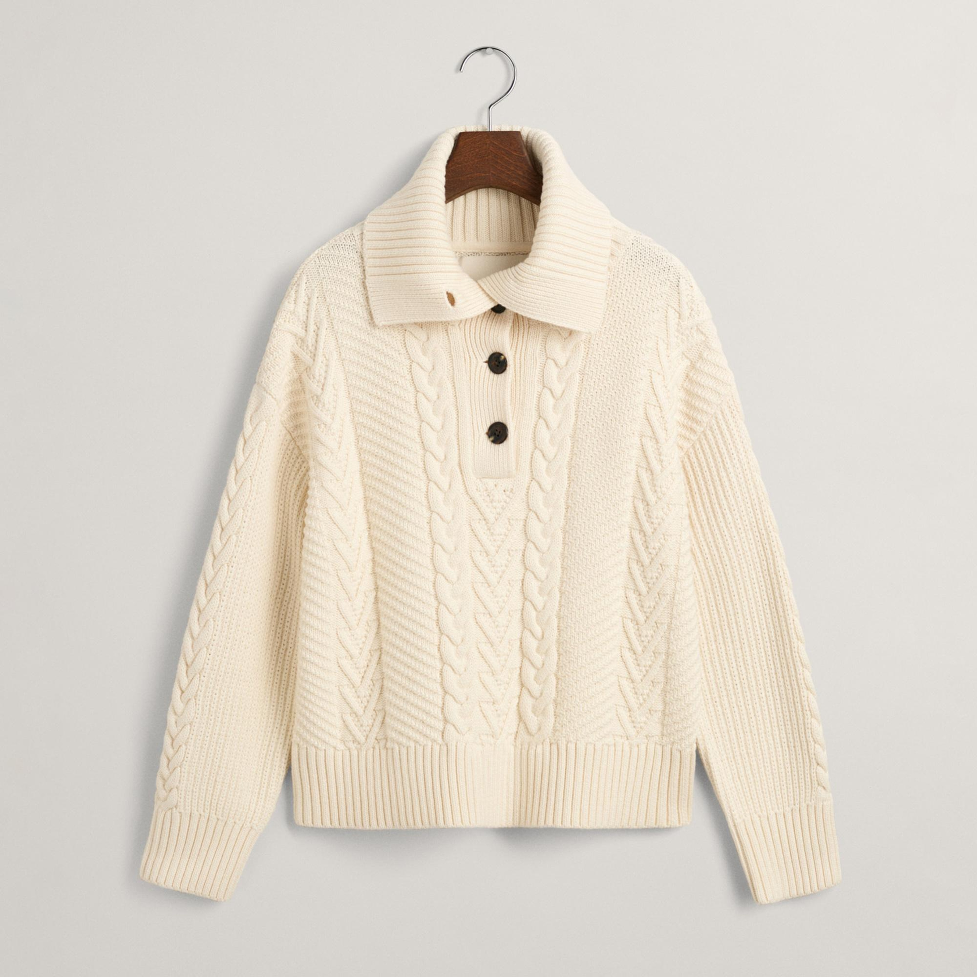 GANT Kadın Krem Relaxed Fit Klasik Yaka Desenli Kazak