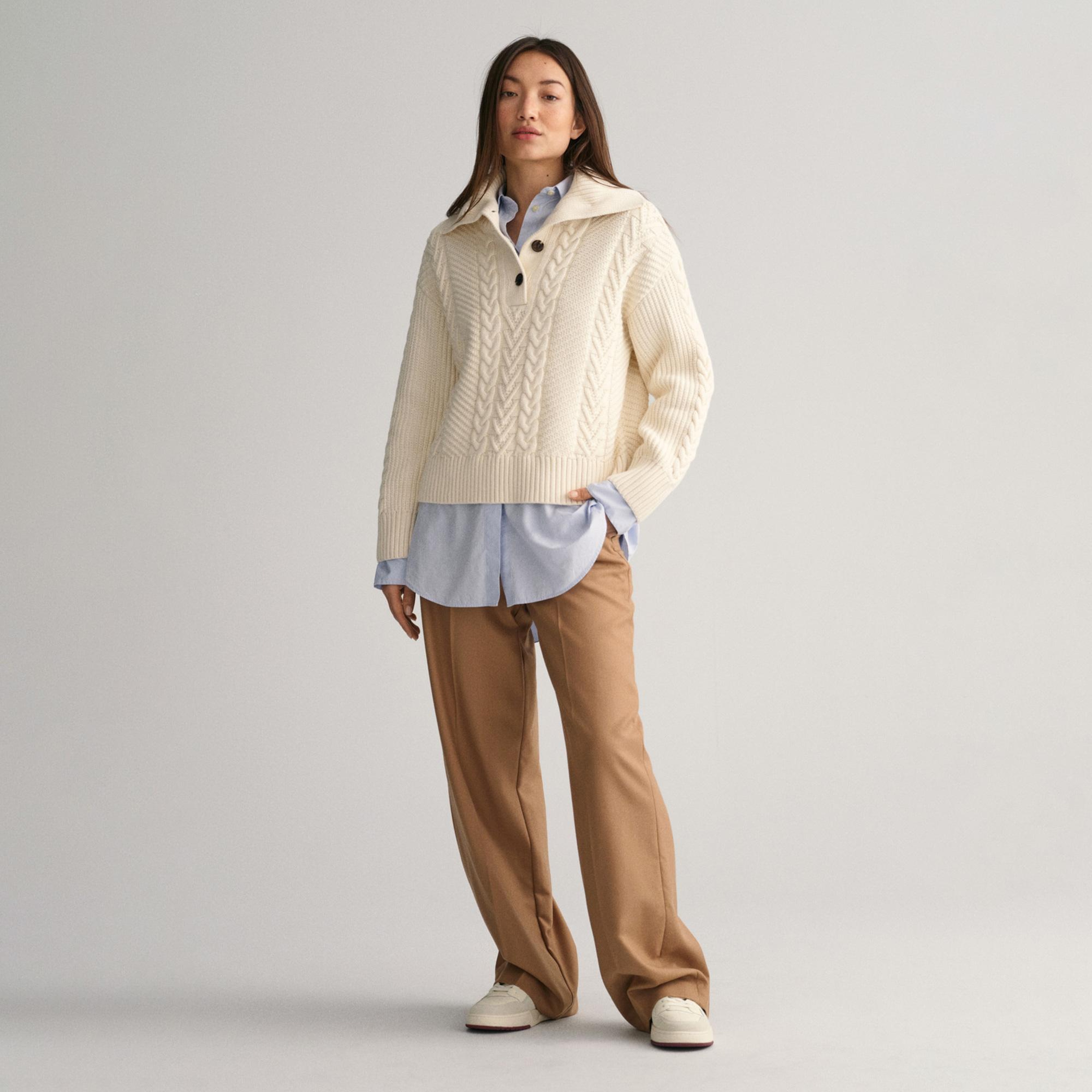 GANT Kadın Krem Relaxed Fit Klasik Yaka Desenli Kazak