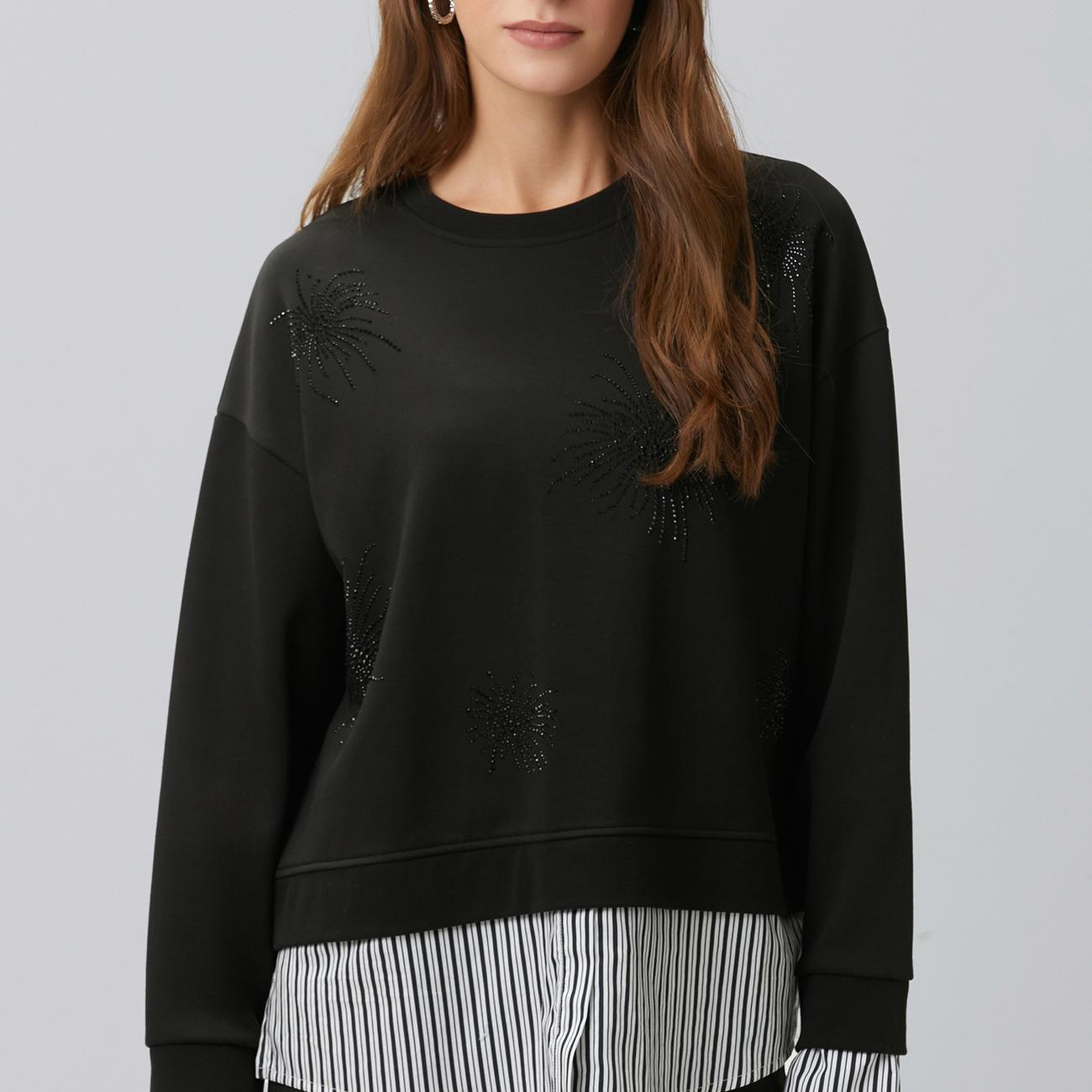 Network Kadın Siyah Taş Detaylı Dokuma Garnili Sweatshirt