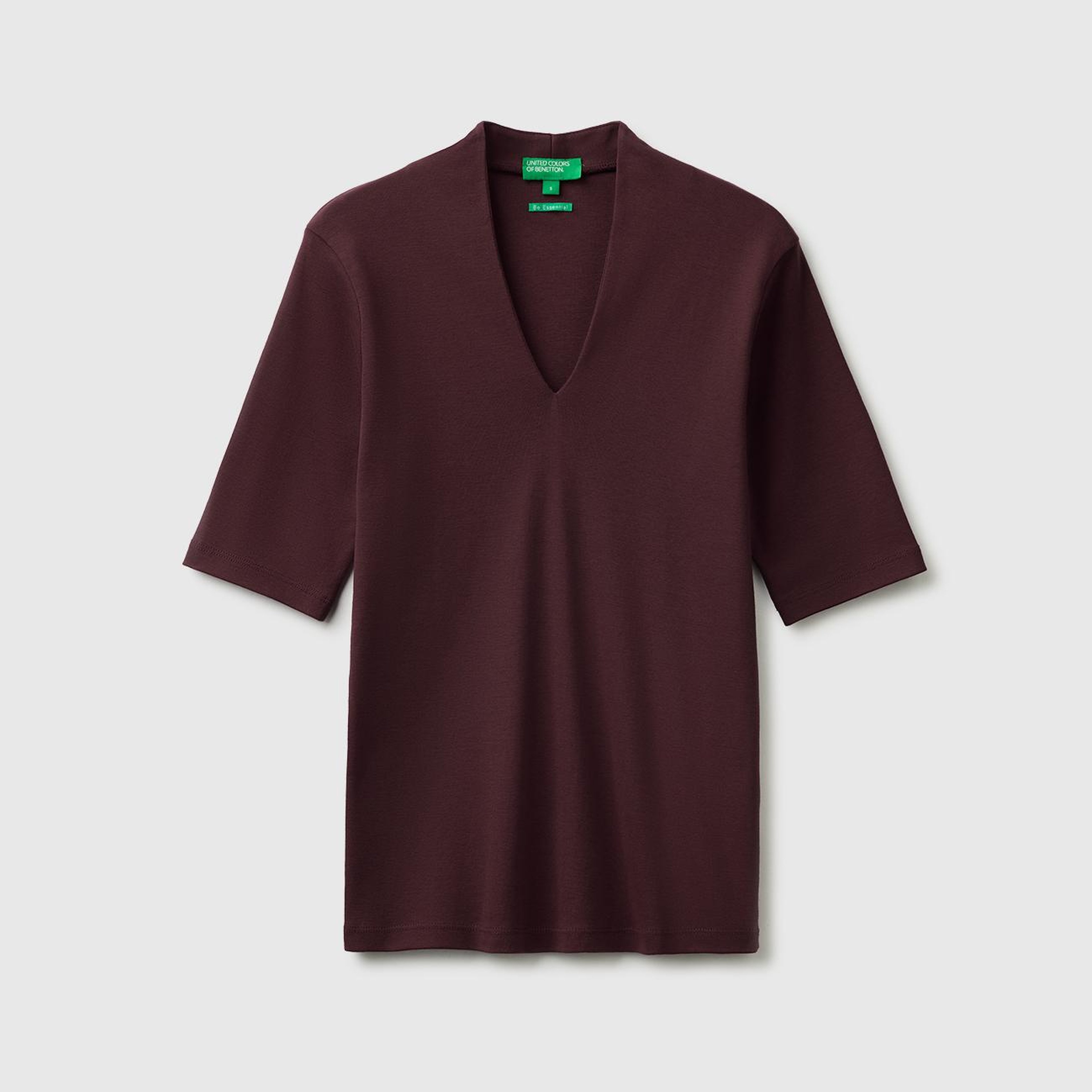 Kadın Kahverengi %100 Pamuk Yarım Kollu Derin V Yaka T-Shirt