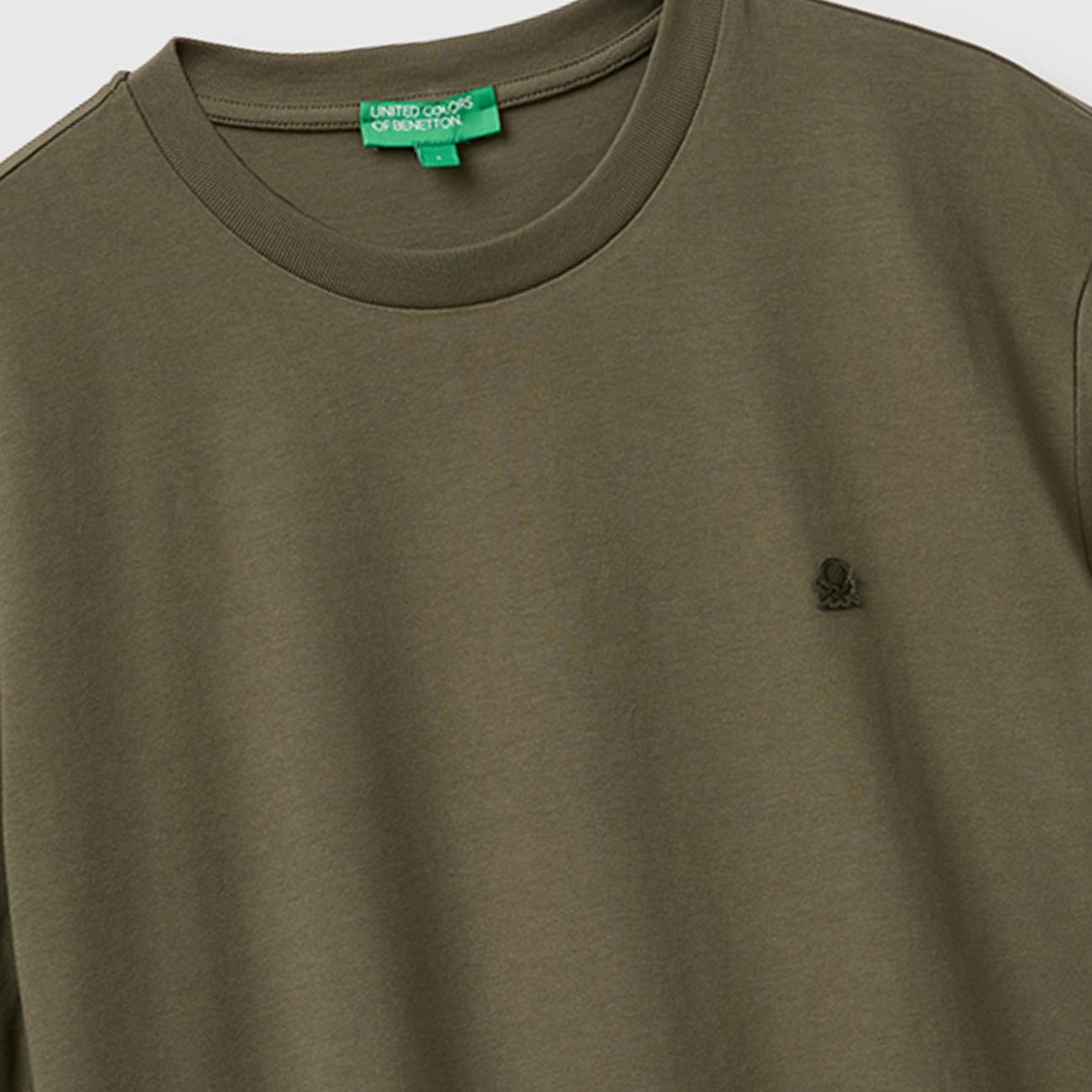 Erkek Koyu Haki %100 Koton Logolu Bisiklet Yaka T-Shirt
