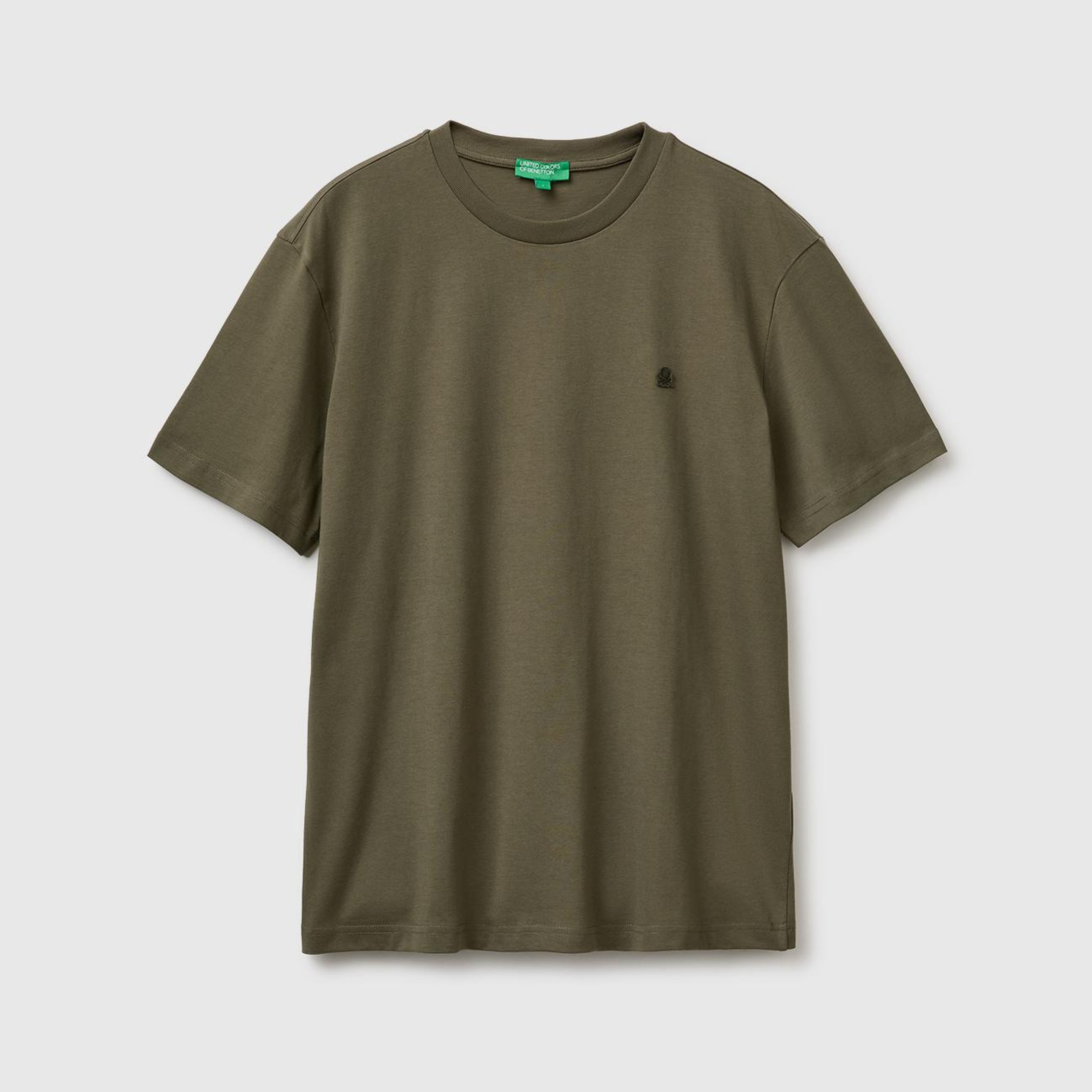 Erkek Koyu Haki %100 Koton Logolu Bisiklet Yaka T-Shirt