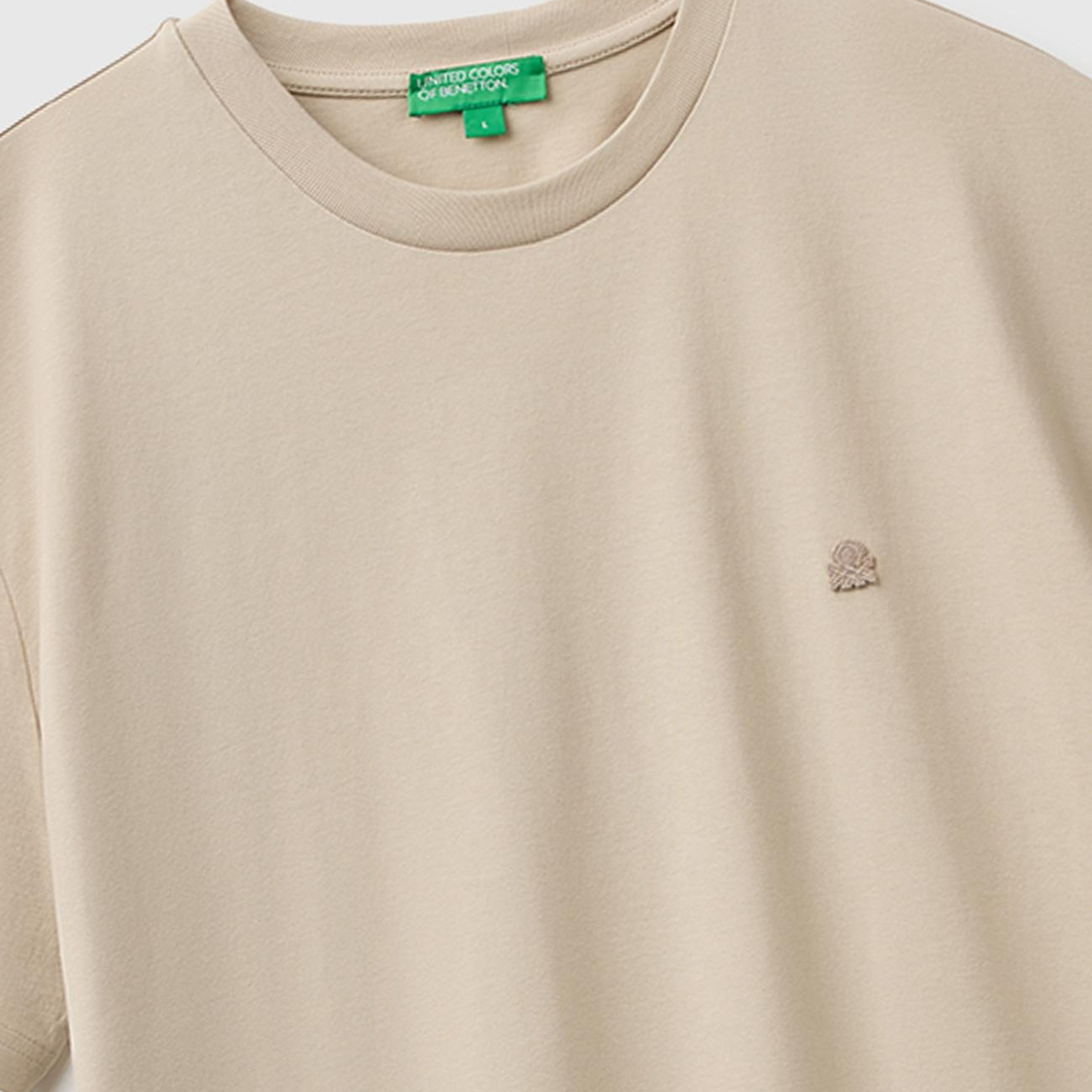 Erkek Bej %100 Koton Logolu Bisiklet Yaka T-Shirt
