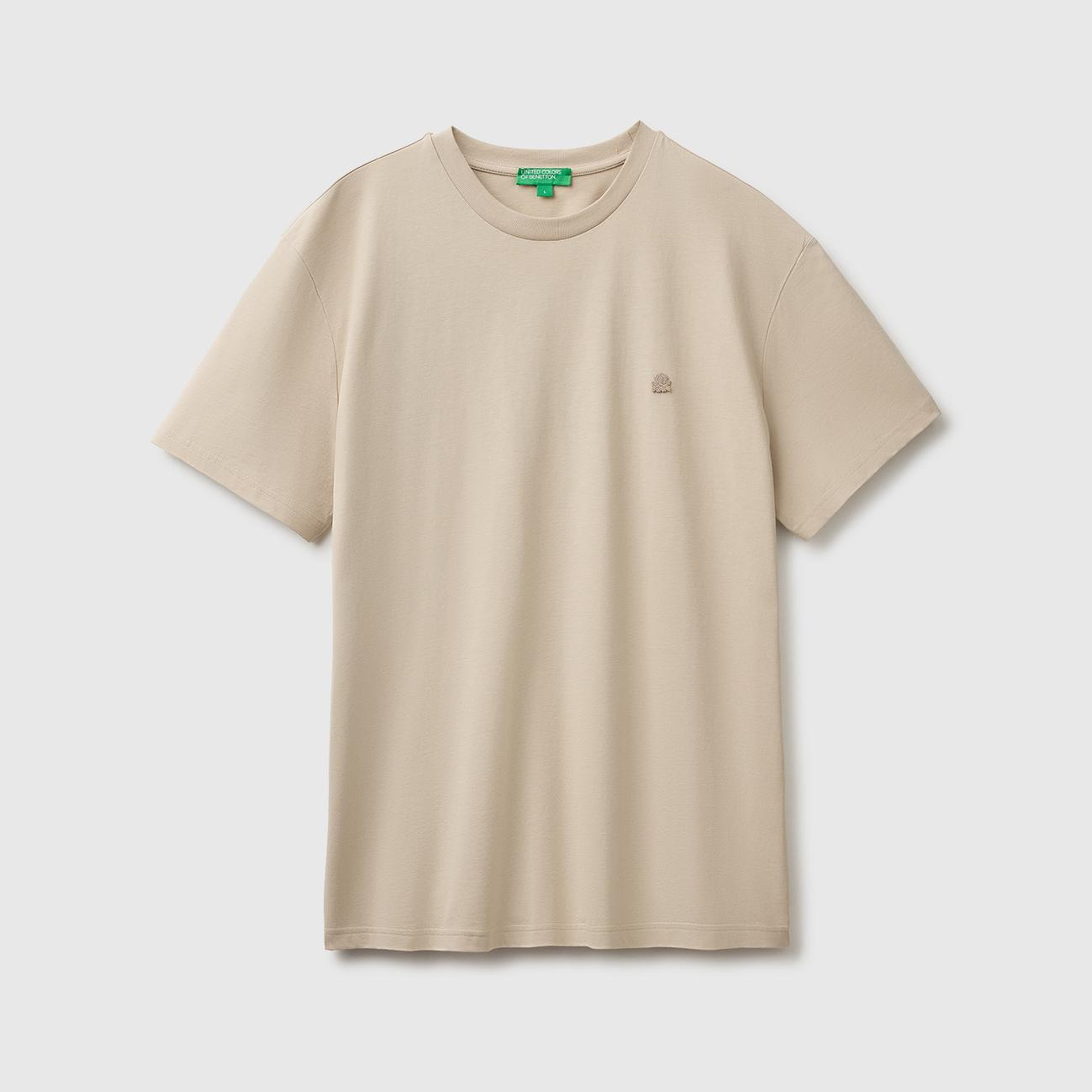 Erkek Bej %100 Koton Logolu Bisiklet Yaka T-Shirt