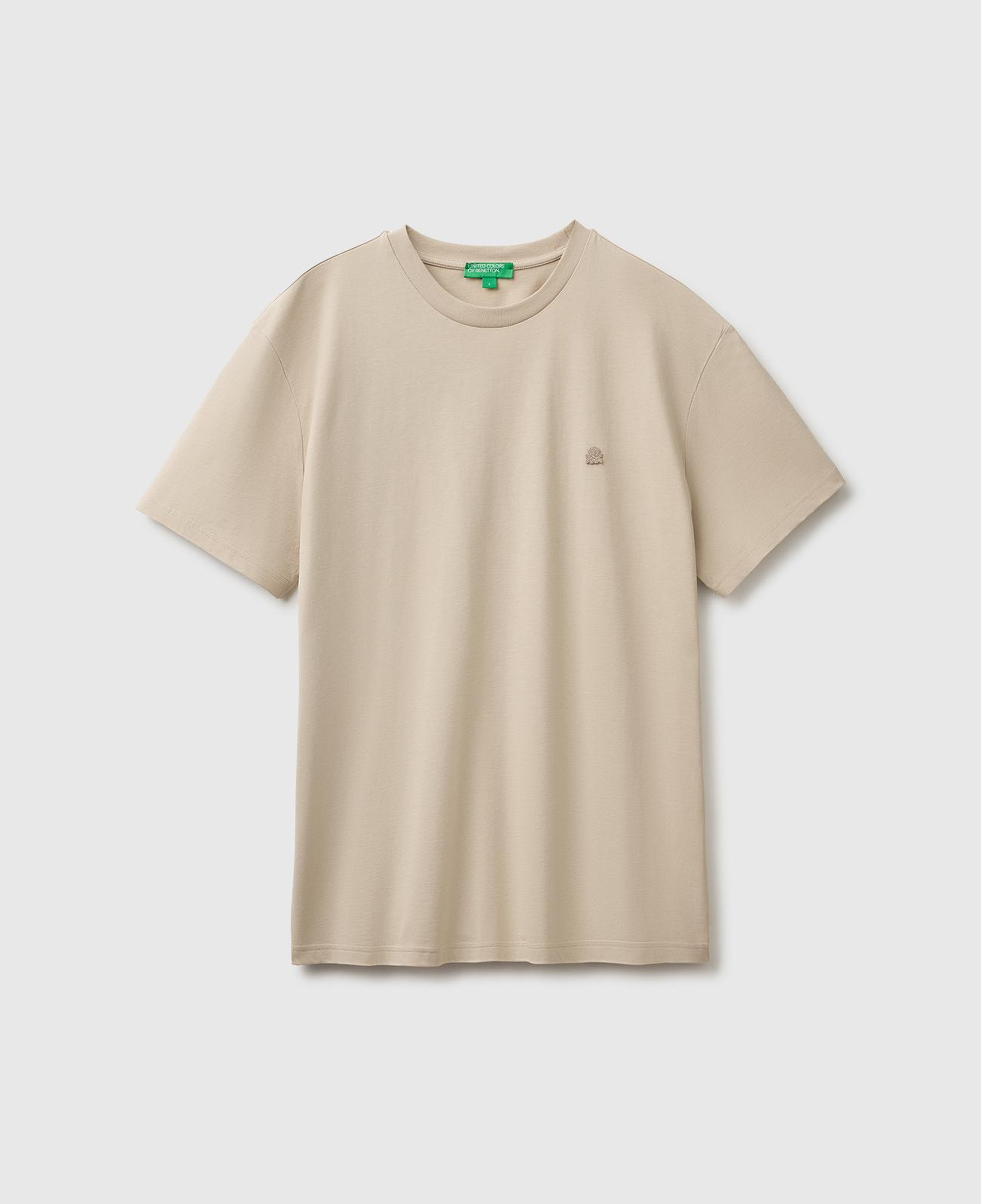 Erkek Bej %100 Koton Logolu Bisiklet Yaka T-Shirt