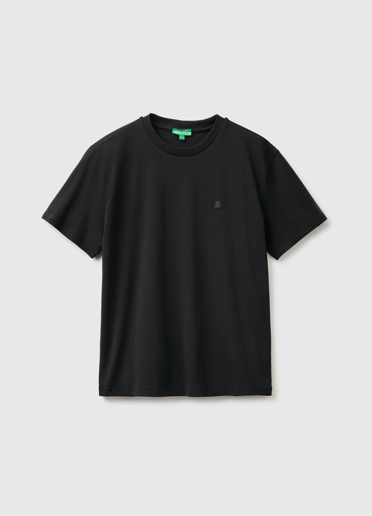 Erkek Siyah %100 Koton Logolu Bisiklet Yaka T-Shirt