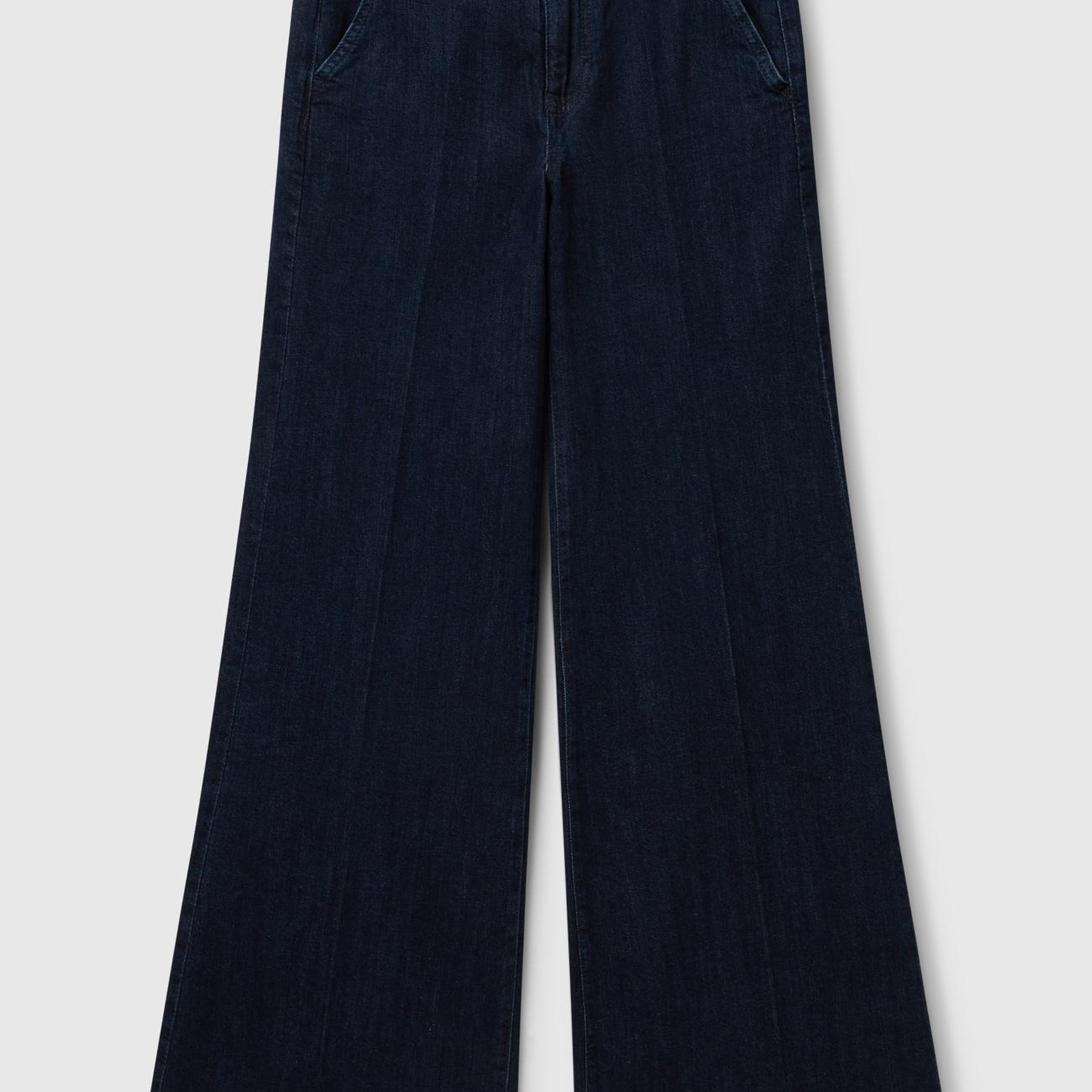 Kadın Mavi Pamuk Karışımlı Cep Detaylı Geniş Paça Denim Pantolon