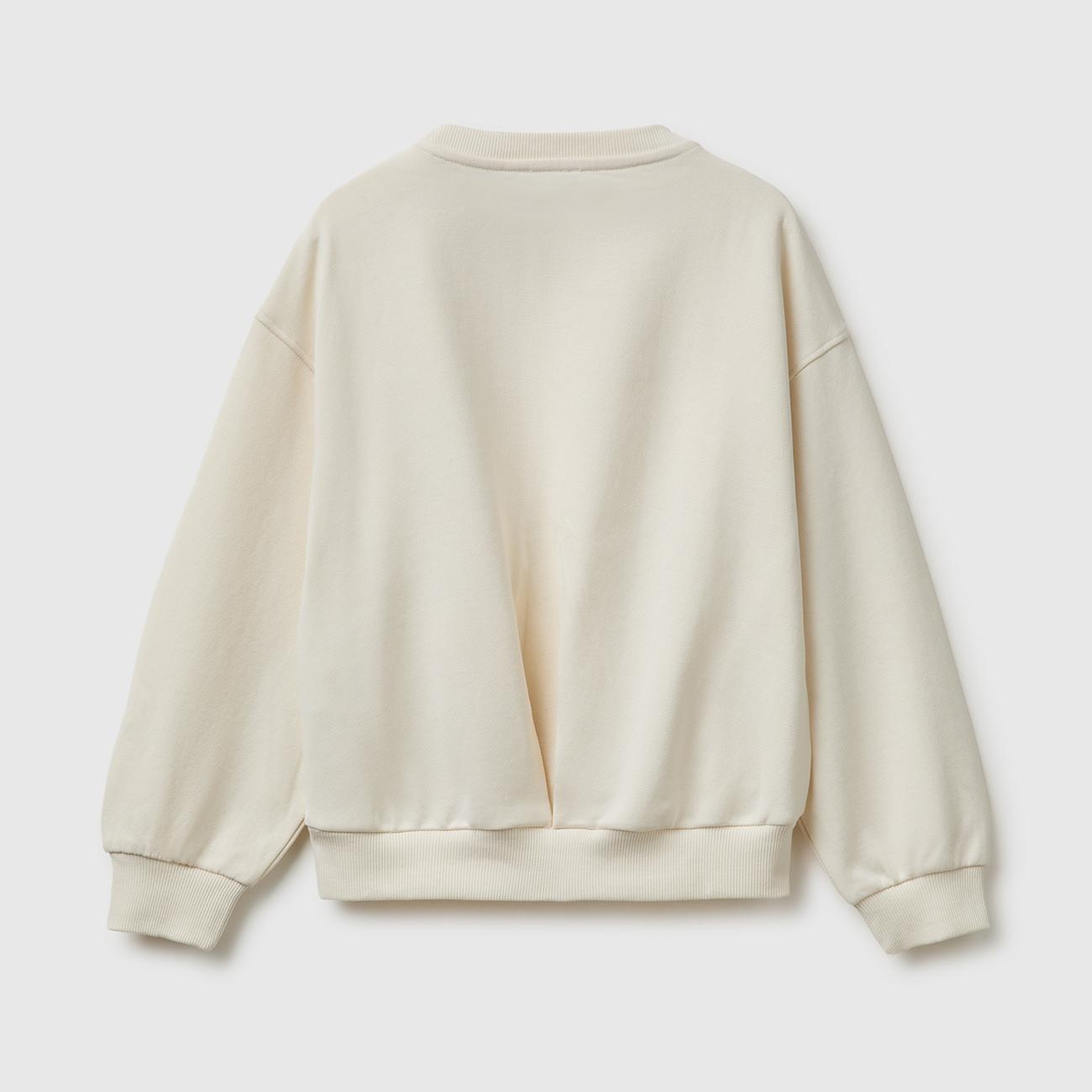 Kız Çocuk Ekru Ribanalı Uzun Kollu Bisiklet Yaka Sweatshirt