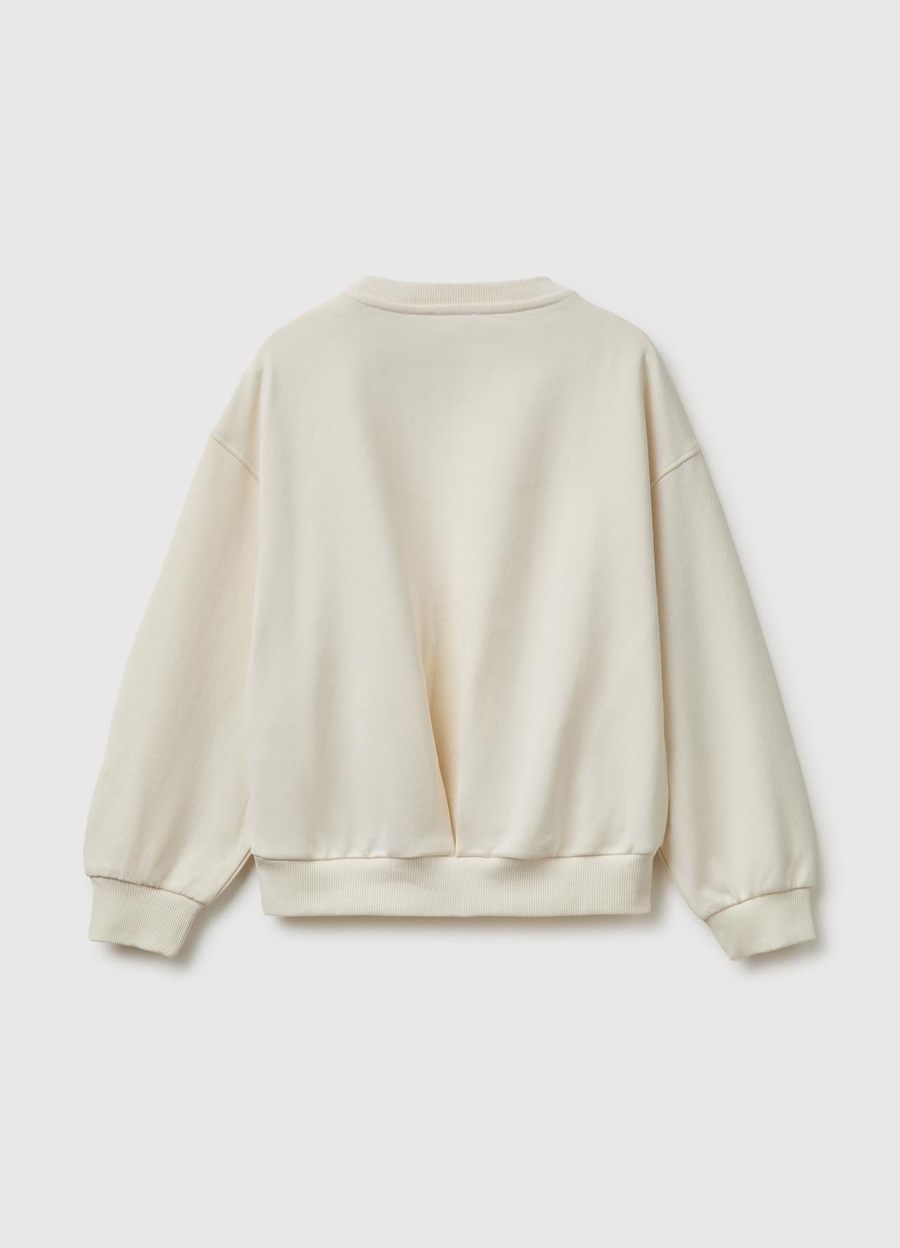 Kız Çocuk Ekru Ribanalı Uzun Kollu Bisiklet Yaka Sweatshirt
