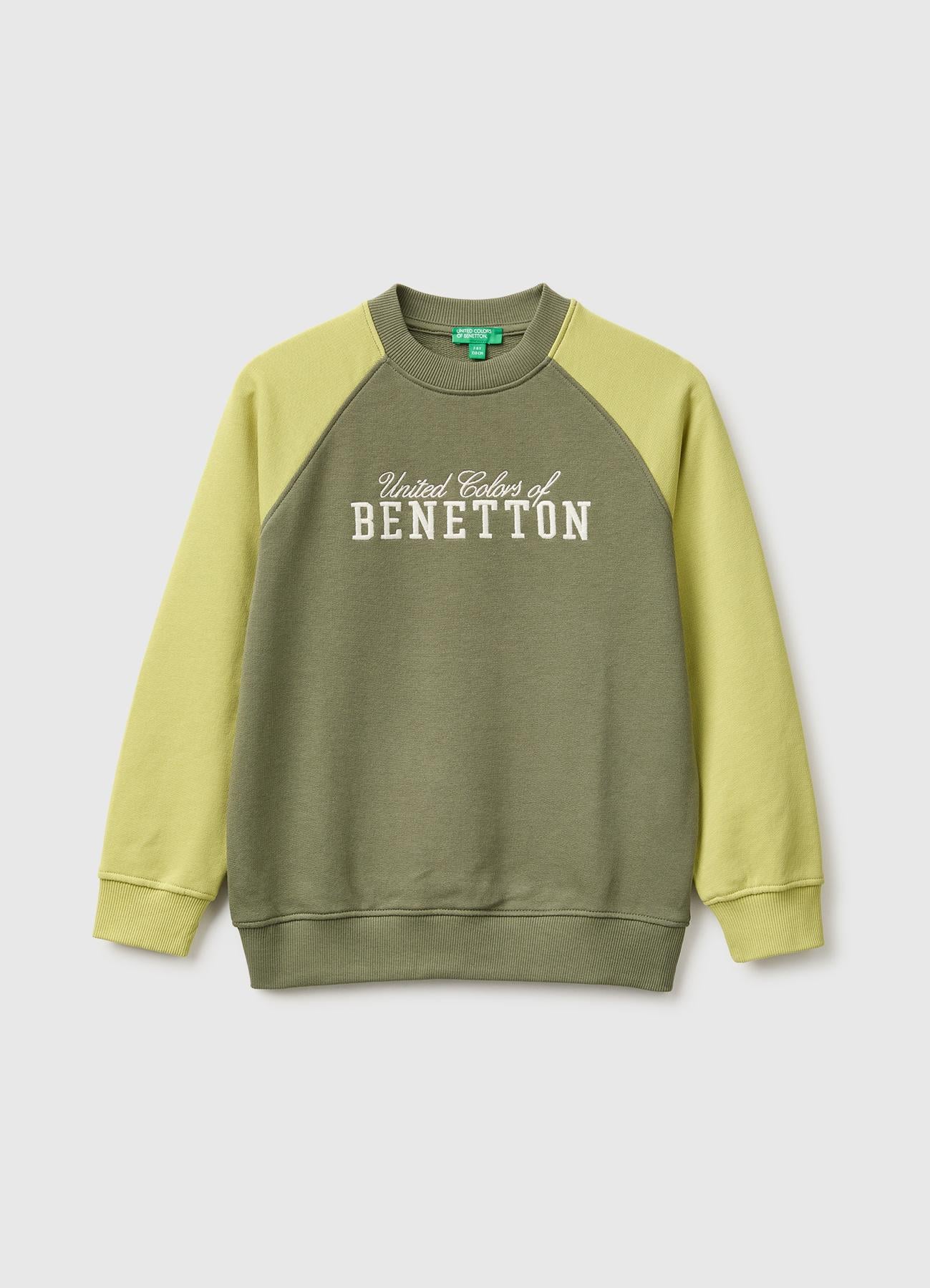 Erkek Çocuk Haki Önü İşlemeli Ribanalı Reglan Kollu Bisiklet Yaka Sweatshirt