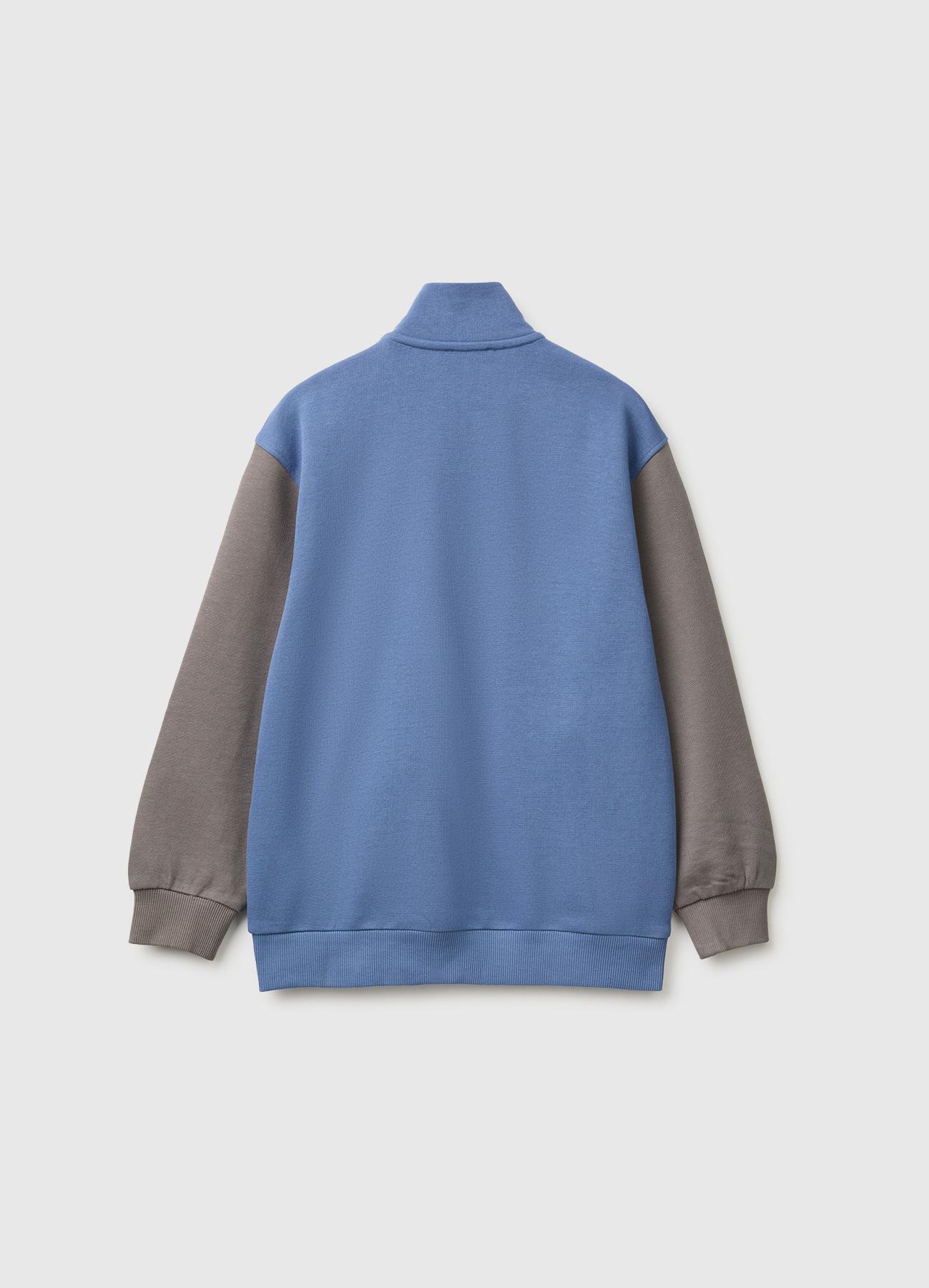 Erkek Çocuk Havacı Mavi Önü İşlemeli Ribanalı Cepli Fermuarlı Dik Yaka Sweatshirt