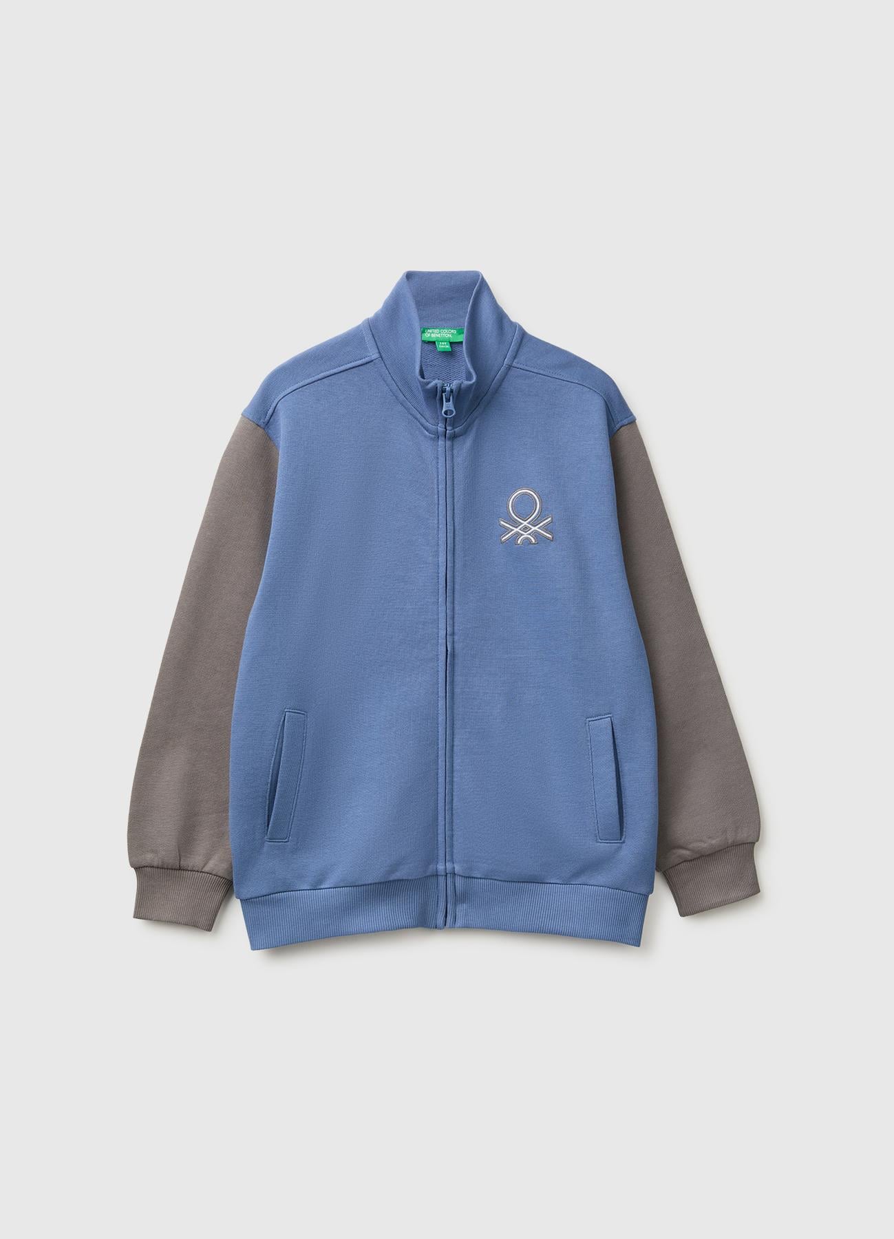 Erkek Çocuk Havacı Mavi Önü İşlemeli Ribanalı Cepli Fermuarlı Dik Yaka Sweatshirt