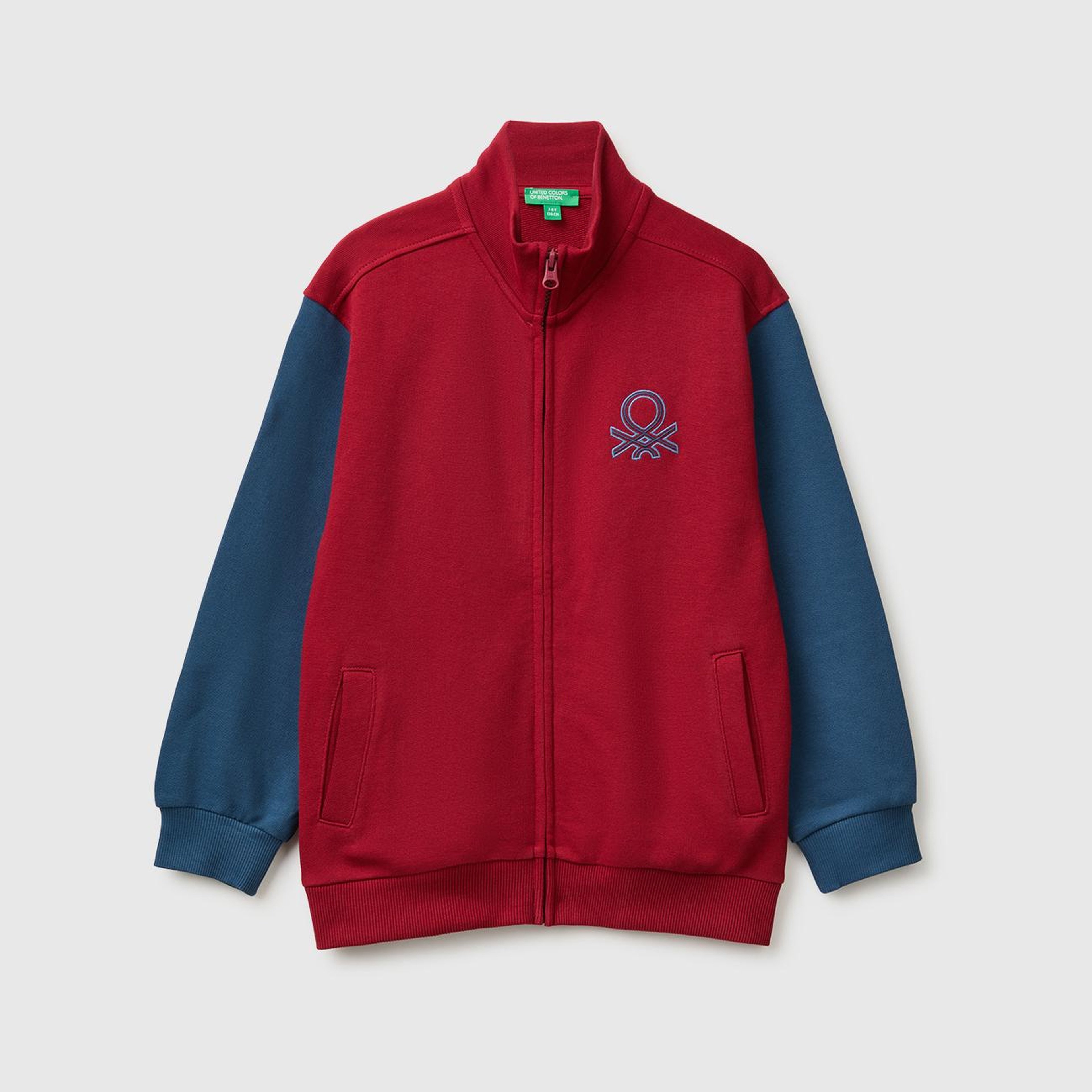 Erkek Çocuk Kırmızı Önü İşlemeli Ribanalı Cepli Fermuarlı Dik Yaka Sweatshirt