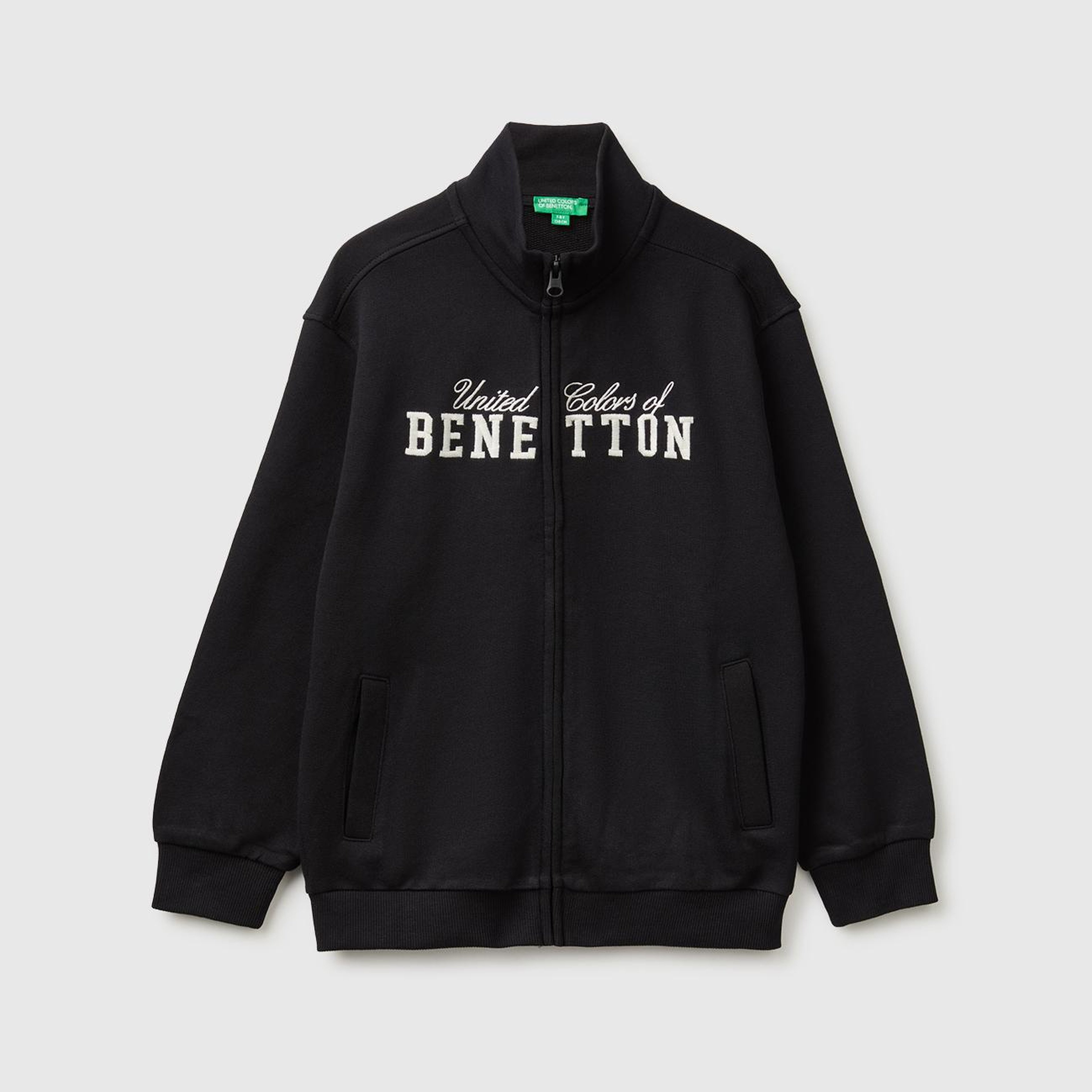 Erkek Çocuk Siyah Önü İşlemeli Ribanalı Cepli Fermuarlı Dik Yaka Sweatshirt