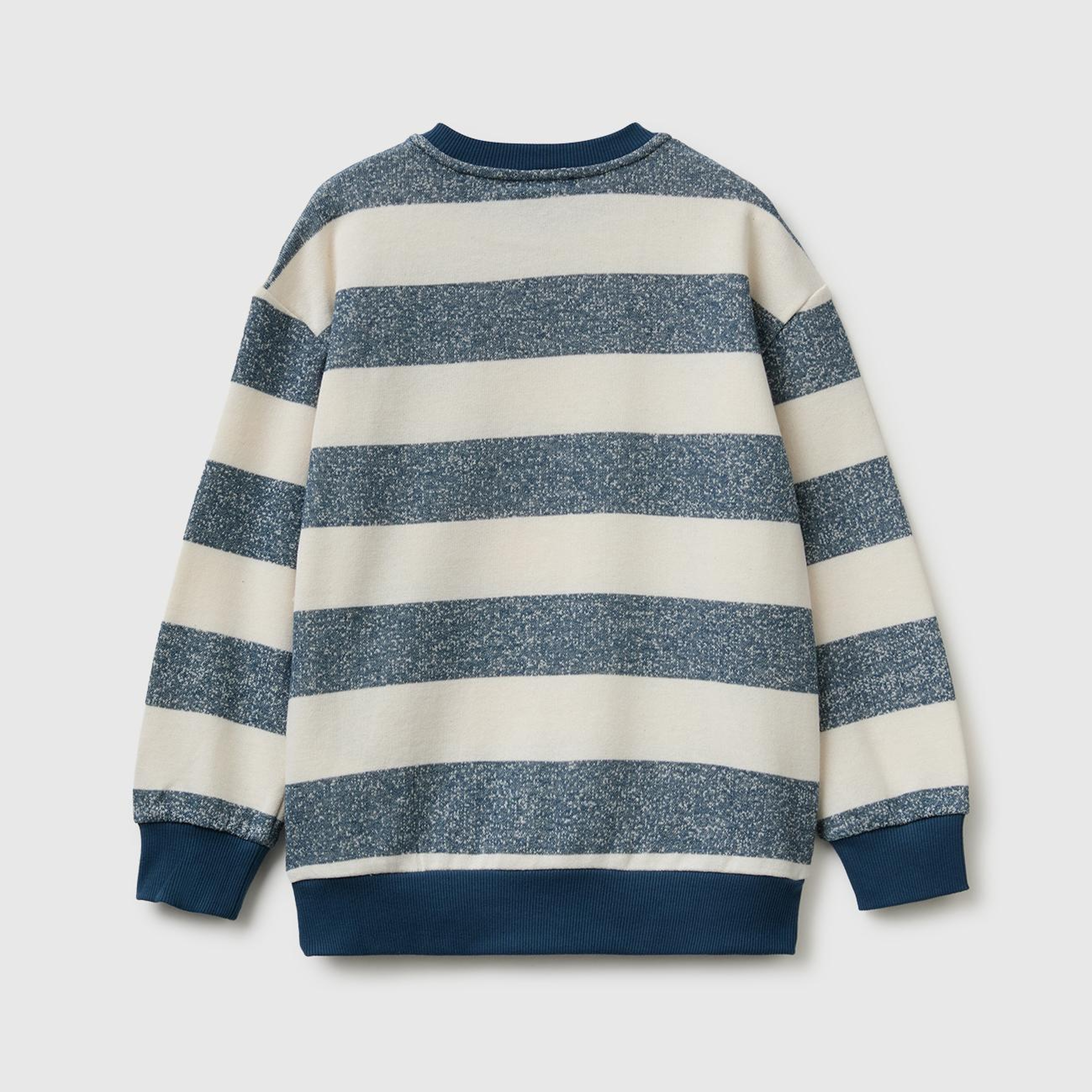 Erkek Çocuk Mavi Beyaz İşlemeli Oversize Çizgili Bisiklet Yaka Sweatshirt
