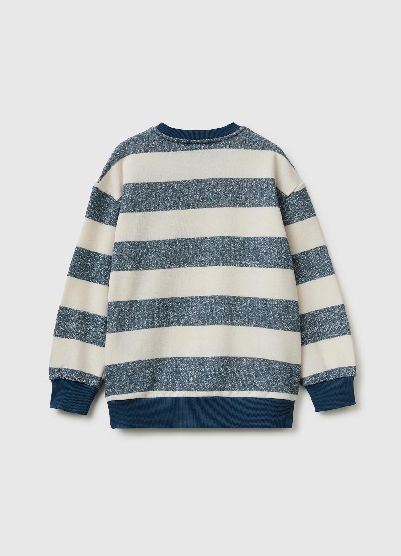 Erkek Çocuk Mavi Beyaz İşlemeli Oversize Çizgili Bisiklet Yaka Sweatshirt