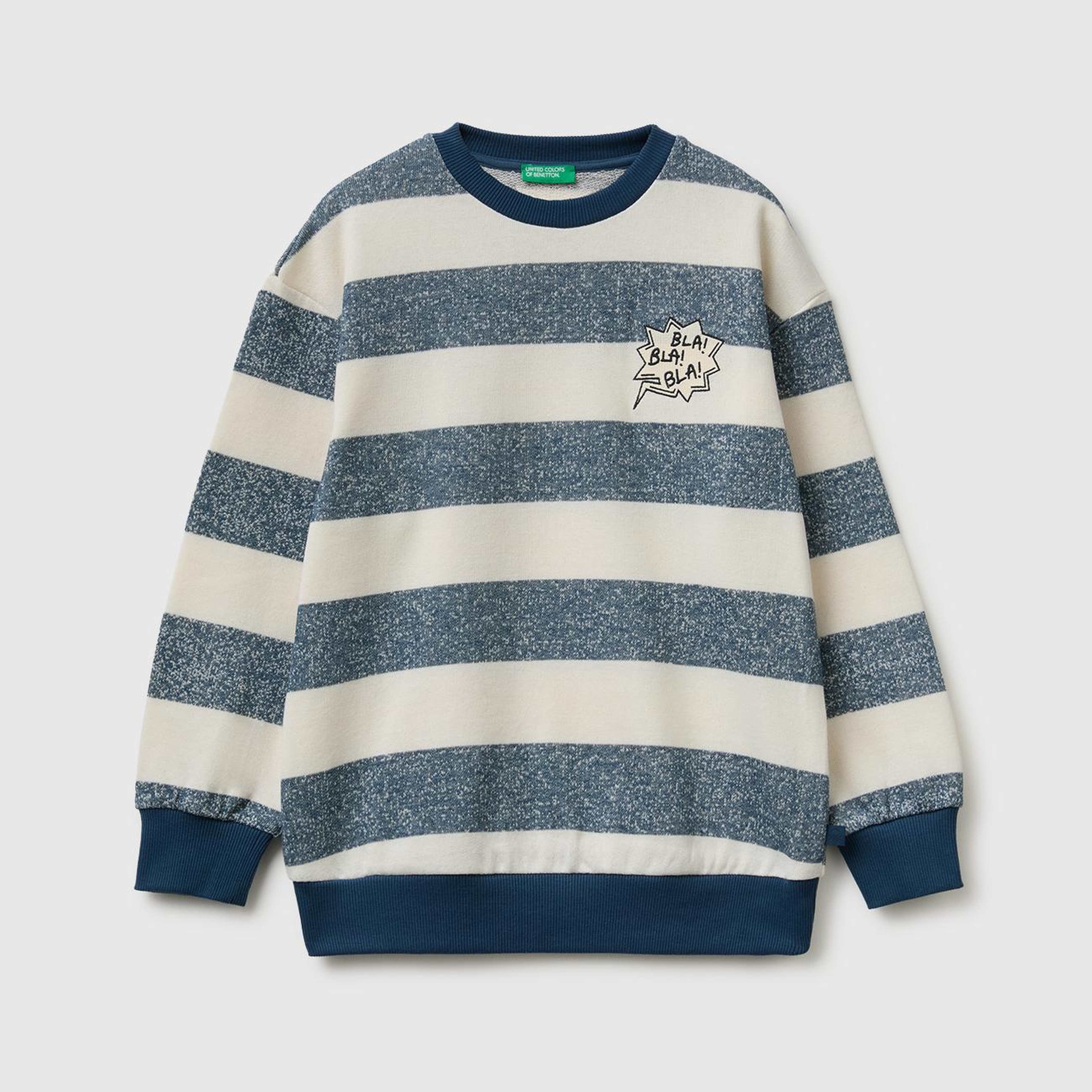 Erkek Çocuk Mavi Beyaz İşlemeli Oversize Çizgili Bisiklet Yaka Sweatshirt