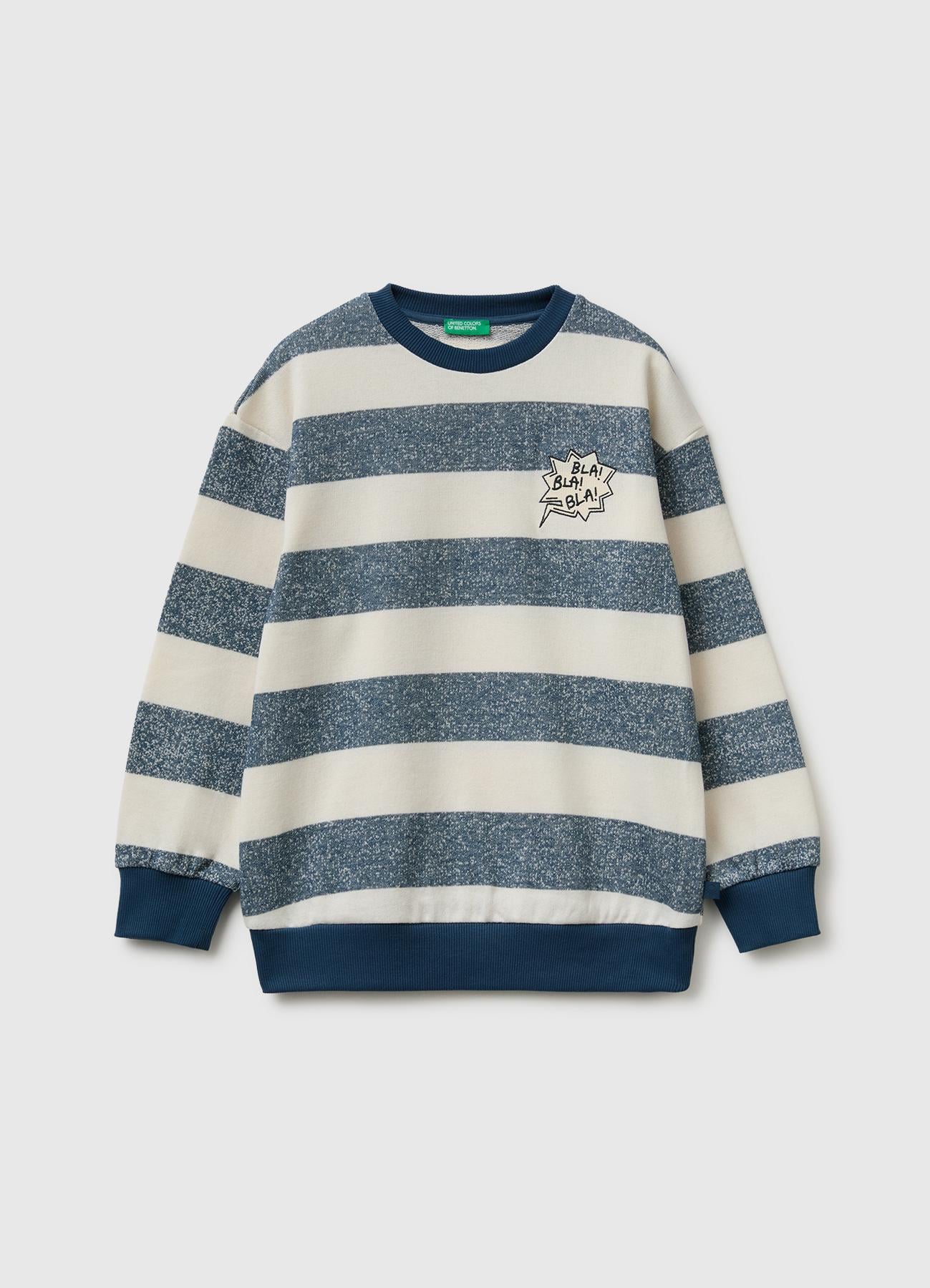 Erkek Çocuk Mavi Beyaz İşlemeli Oversize Çizgili Bisiklet Yaka Sweatshirt