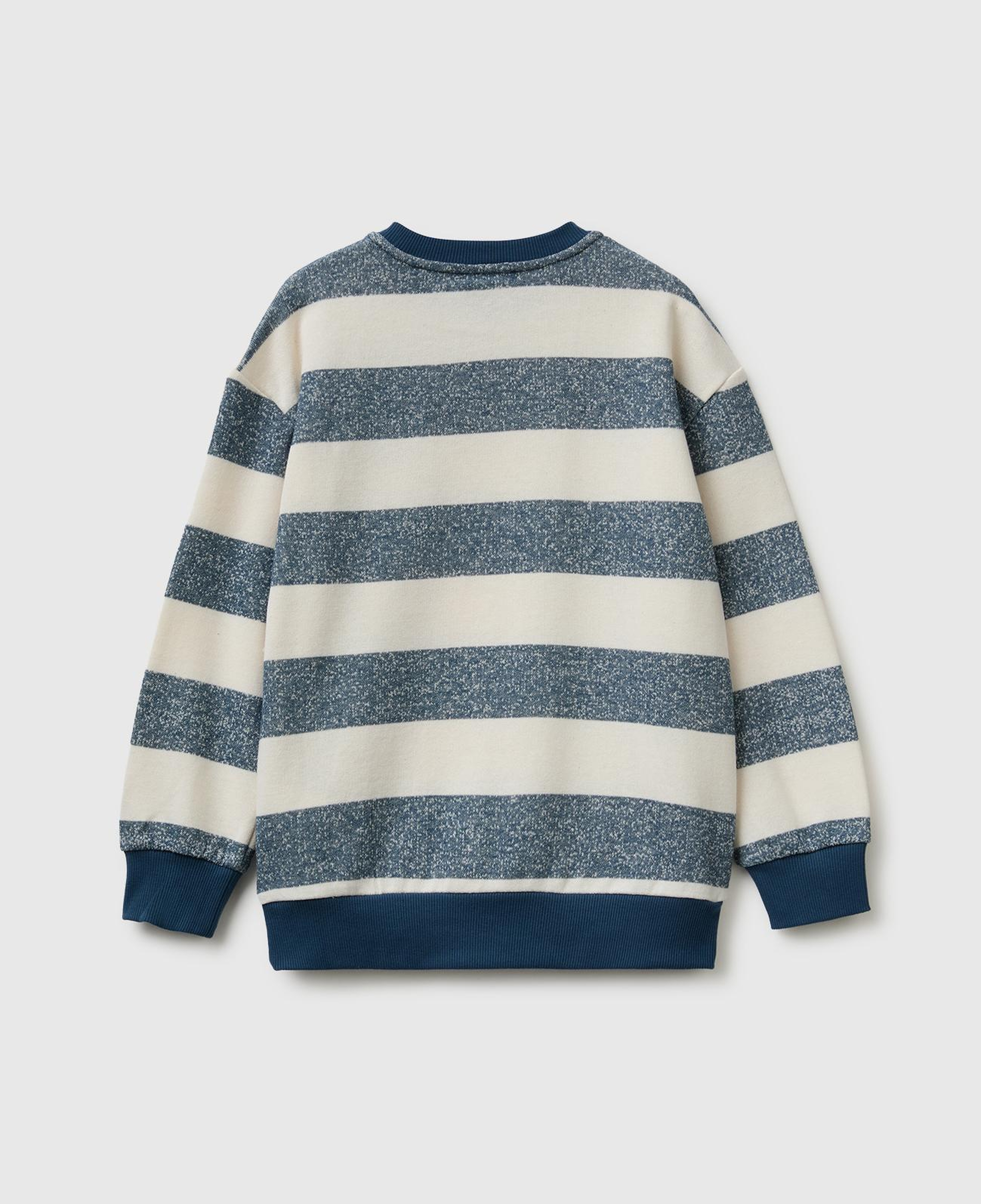 Erkek Çocuk Mavi Beyaz İşlemeli Oversize Çizgili Bisiklet Yaka Sweatshirt