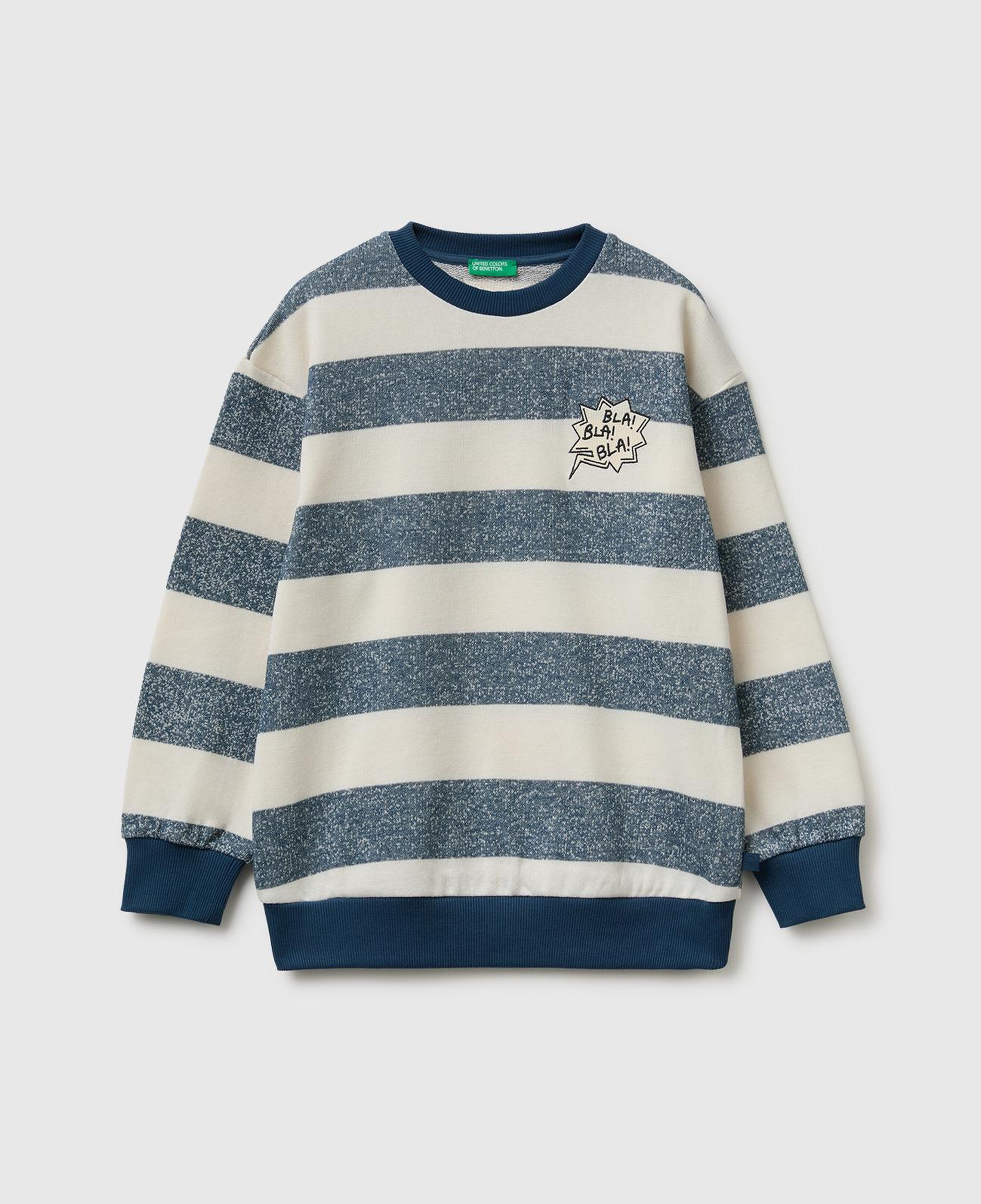 Erkek Çocuk Mavi Beyaz İşlemeli Oversize Çizgili Bisiklet Yaka Sweatshirt