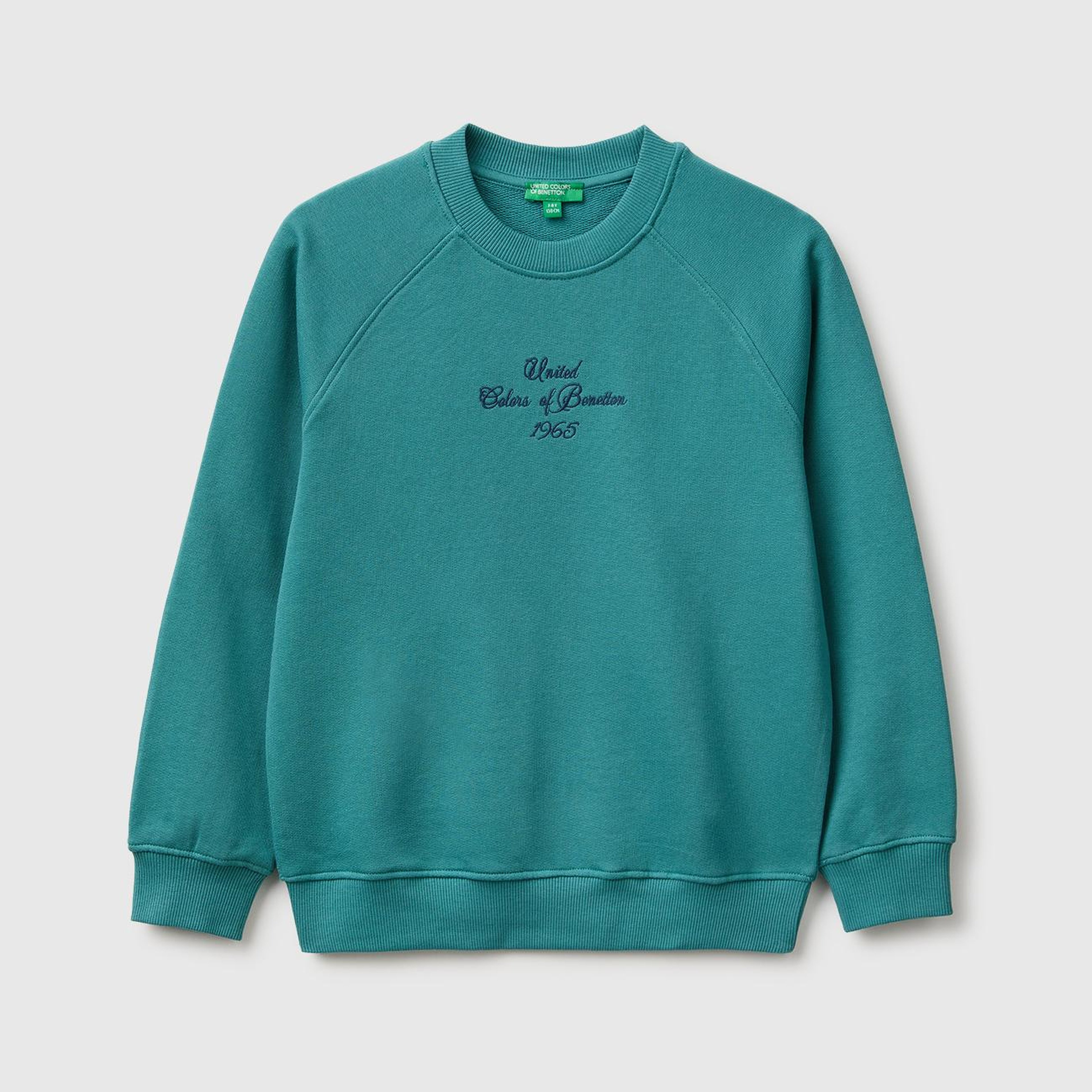 Erkek Çocuk Petrol Yeşili Önü İşlemeli Ribanalı Reglan Kollu Bisiklet Yaka Sweatshirt