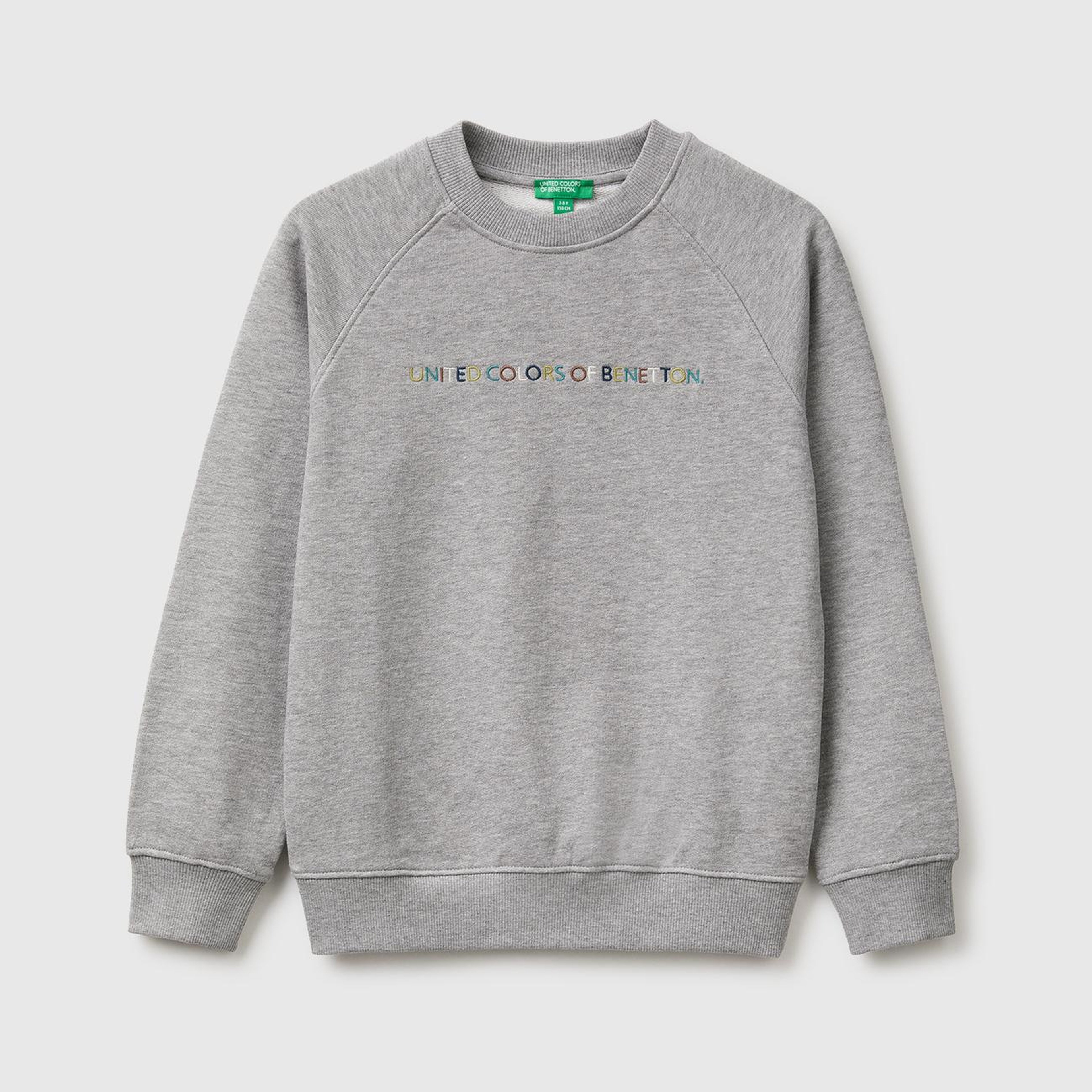 Erkek Çocuk Gri Melanj Önü İşlemeli Ribanalı Reglan Kollu Bisiklet Yaka Sweatshirt