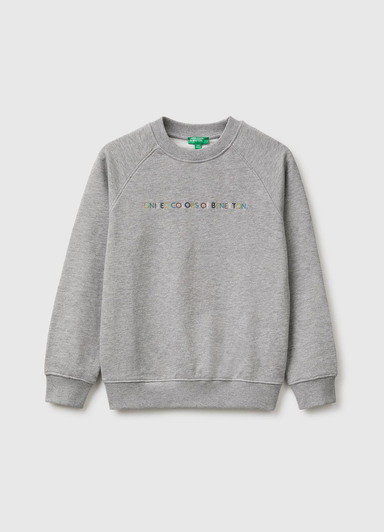 Erkek Çocuk Gri Melanj Önü İşlemeli Ribanalı Reglan Kollu Bisiklet Yaka Sweatshirt